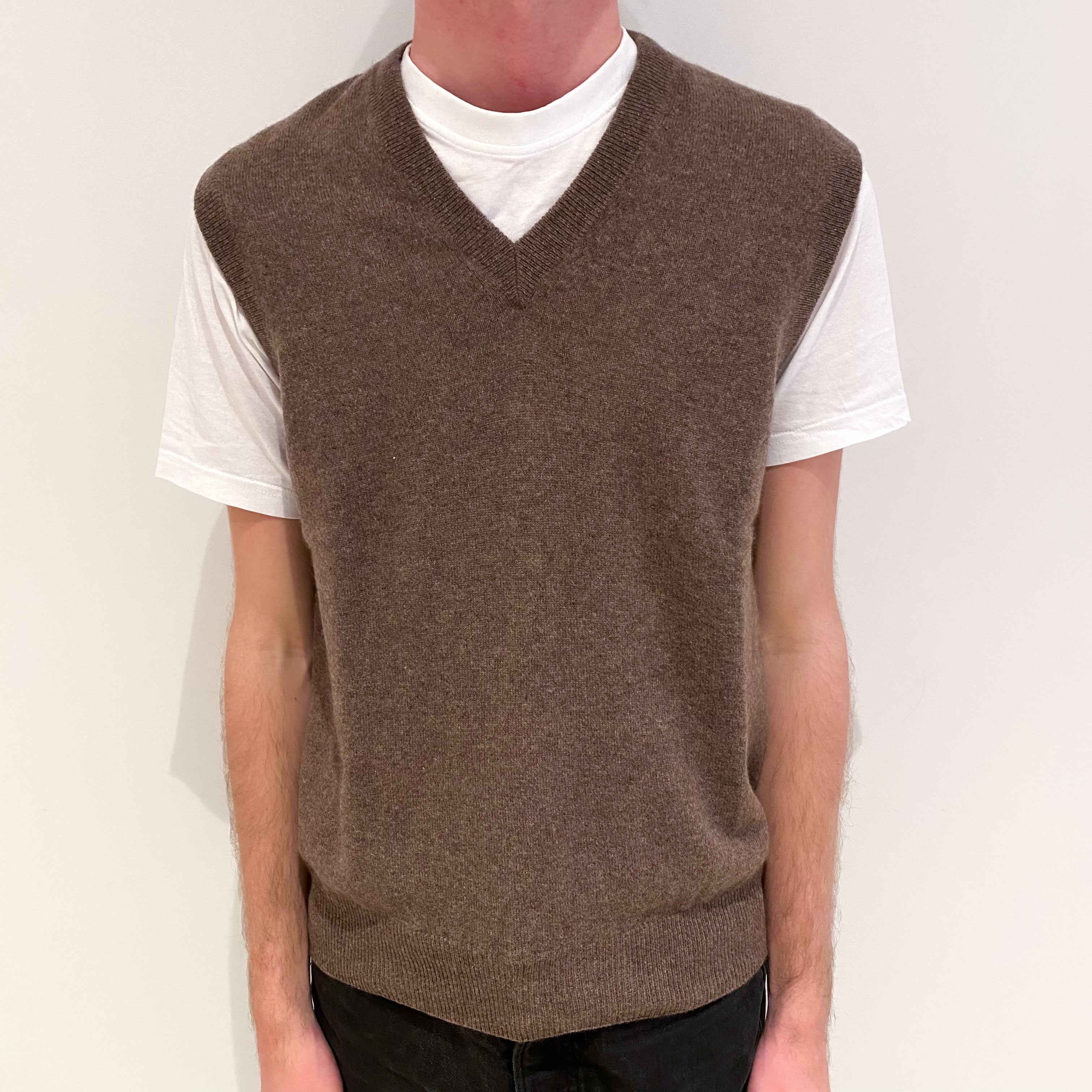 Men's Mocha Brown Cashmere V-Neck Tank Top Small