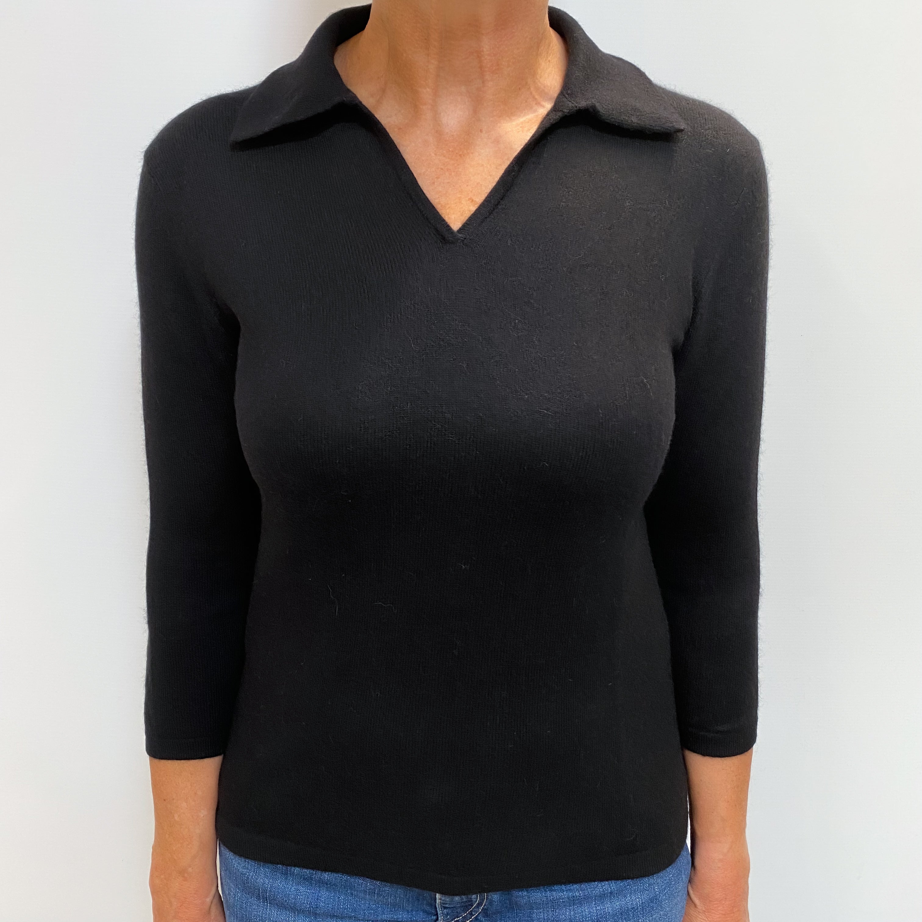 Black Cashmere Collared V Neck Jumper Medium