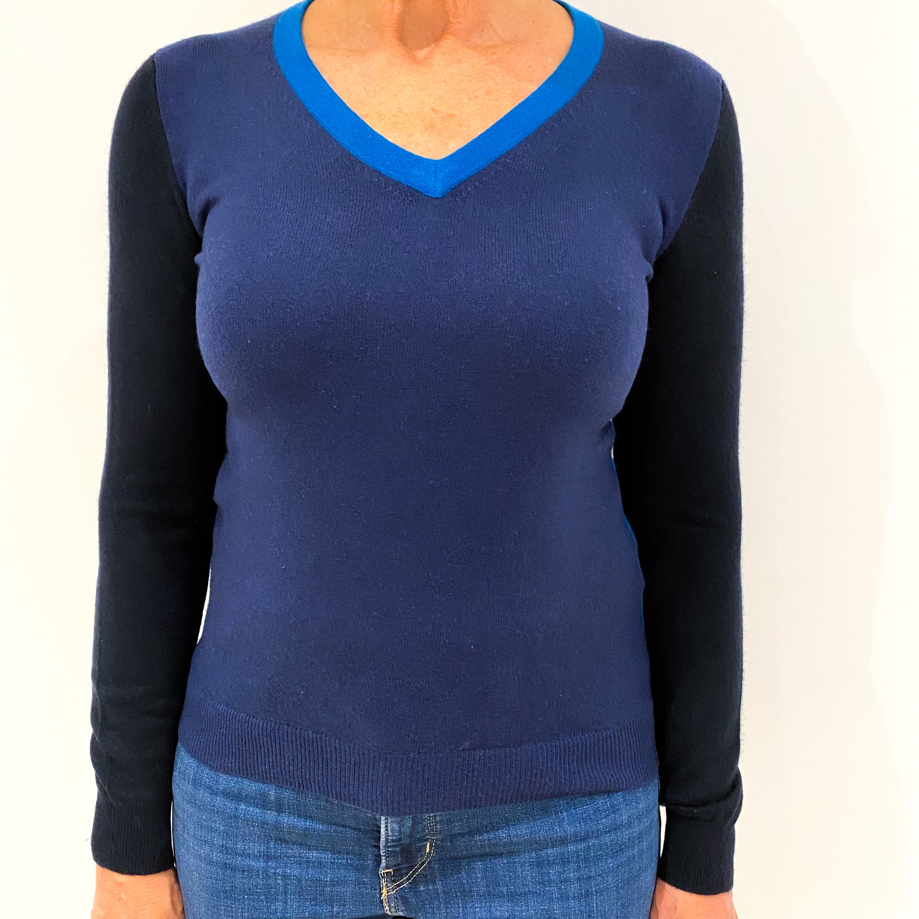 Blue Black Colour Block Cashmere V-Neck Jumper Medium