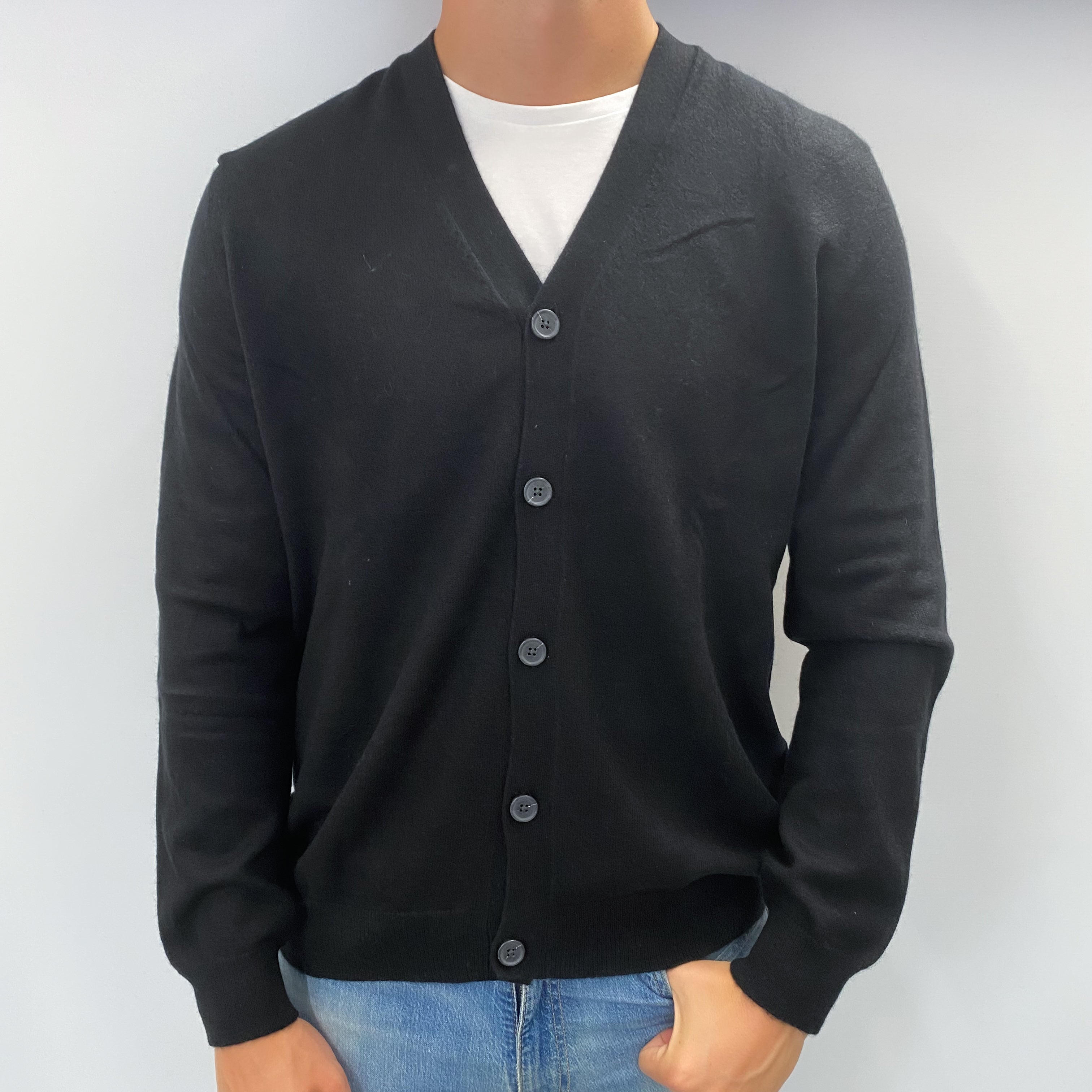Men's Black Cashmere V Neck Cardigan XL