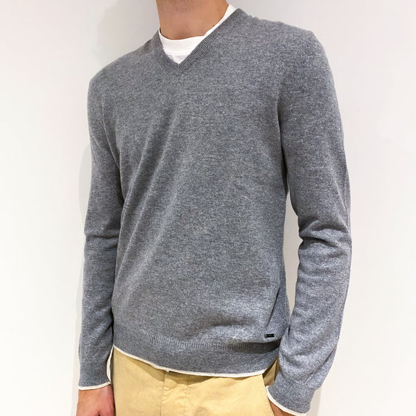 Men's Ash Grey Cream Trim Cashmere V-Neck Jumper Large