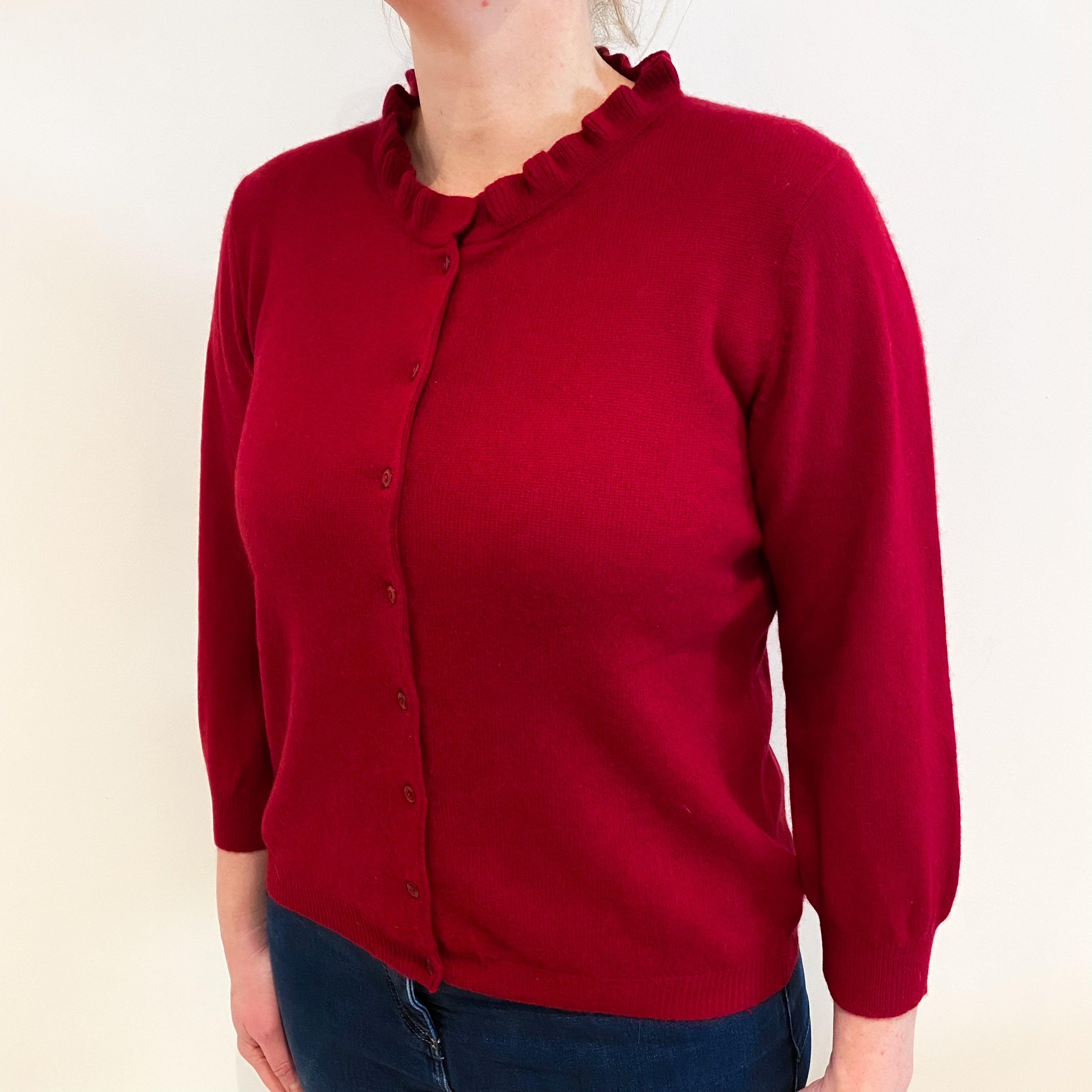 Crimson Red Cashmere Ruffle Neck Cardigan Large