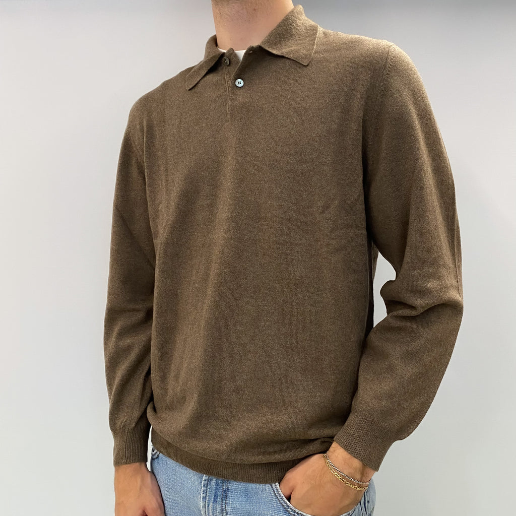 Men's Mocha Brown Cashmere  1/4 Button Collared Jumper Large