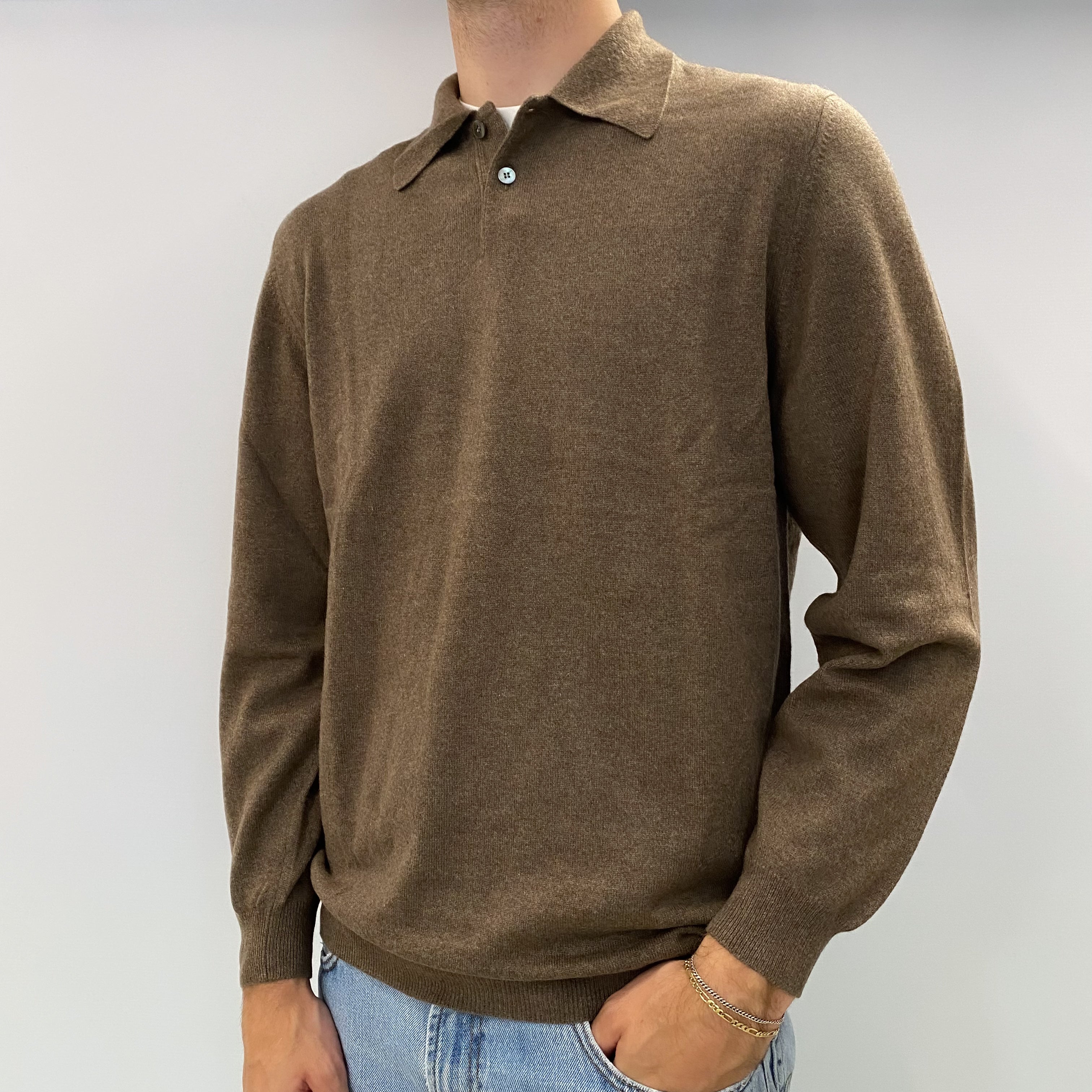 Men's Mocha Brown Cashmere  1/4 Button Collared Jumper Large