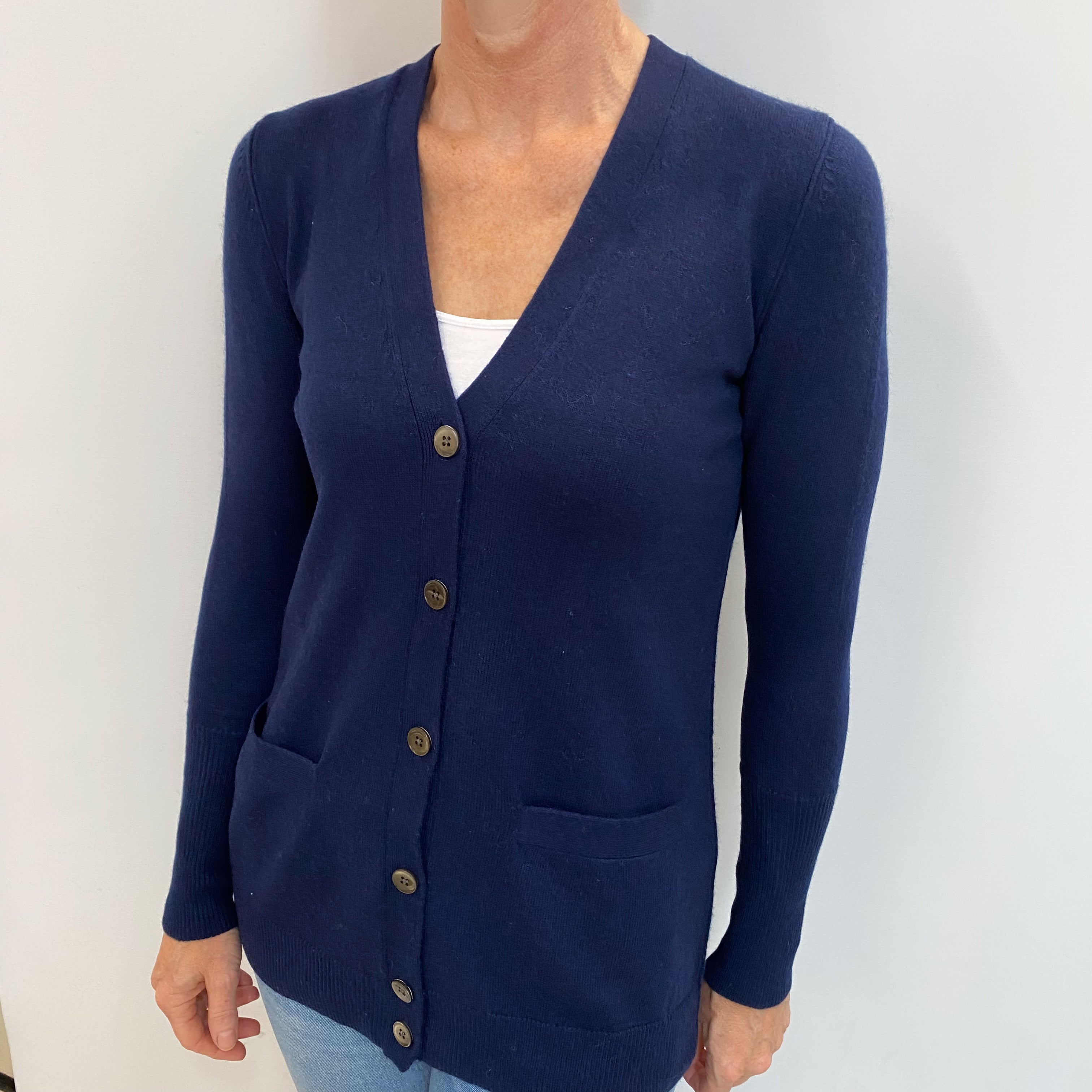 French Navy Cashmere V-Neck Cardigan Small
