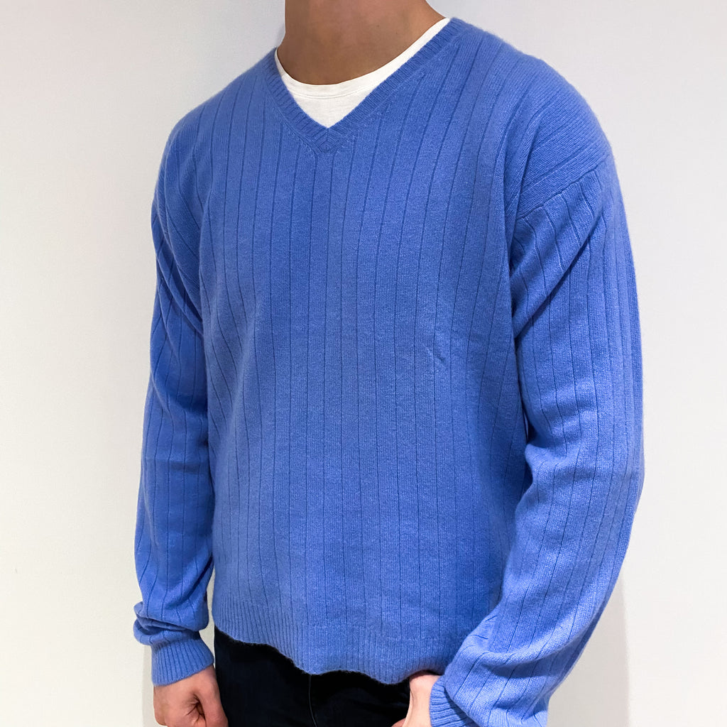 Men's Cornflower Blue Cashmere V Neck Ribbed Jumper XL