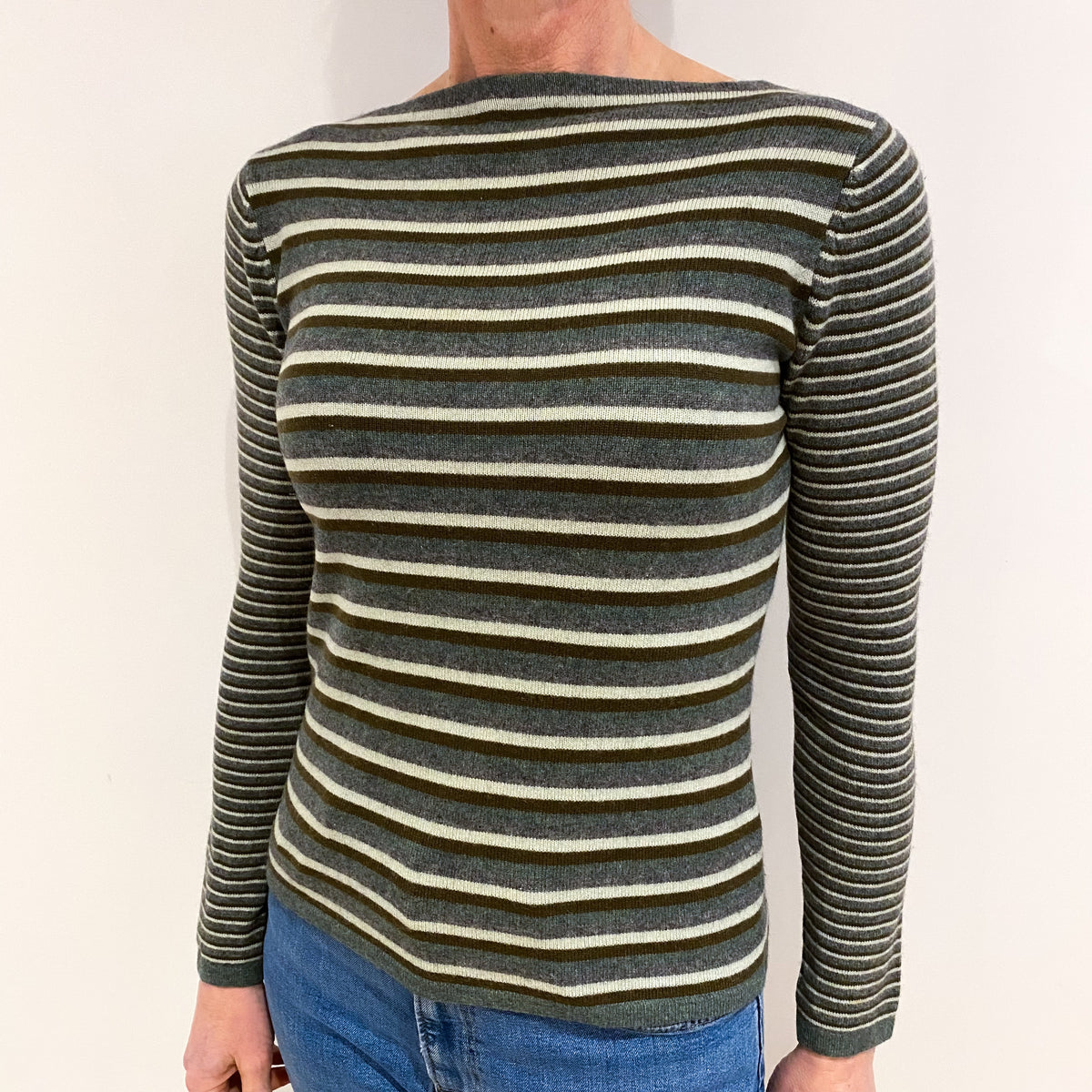 Khaki Green Striped Cashmere Slash Neck Jumper Small