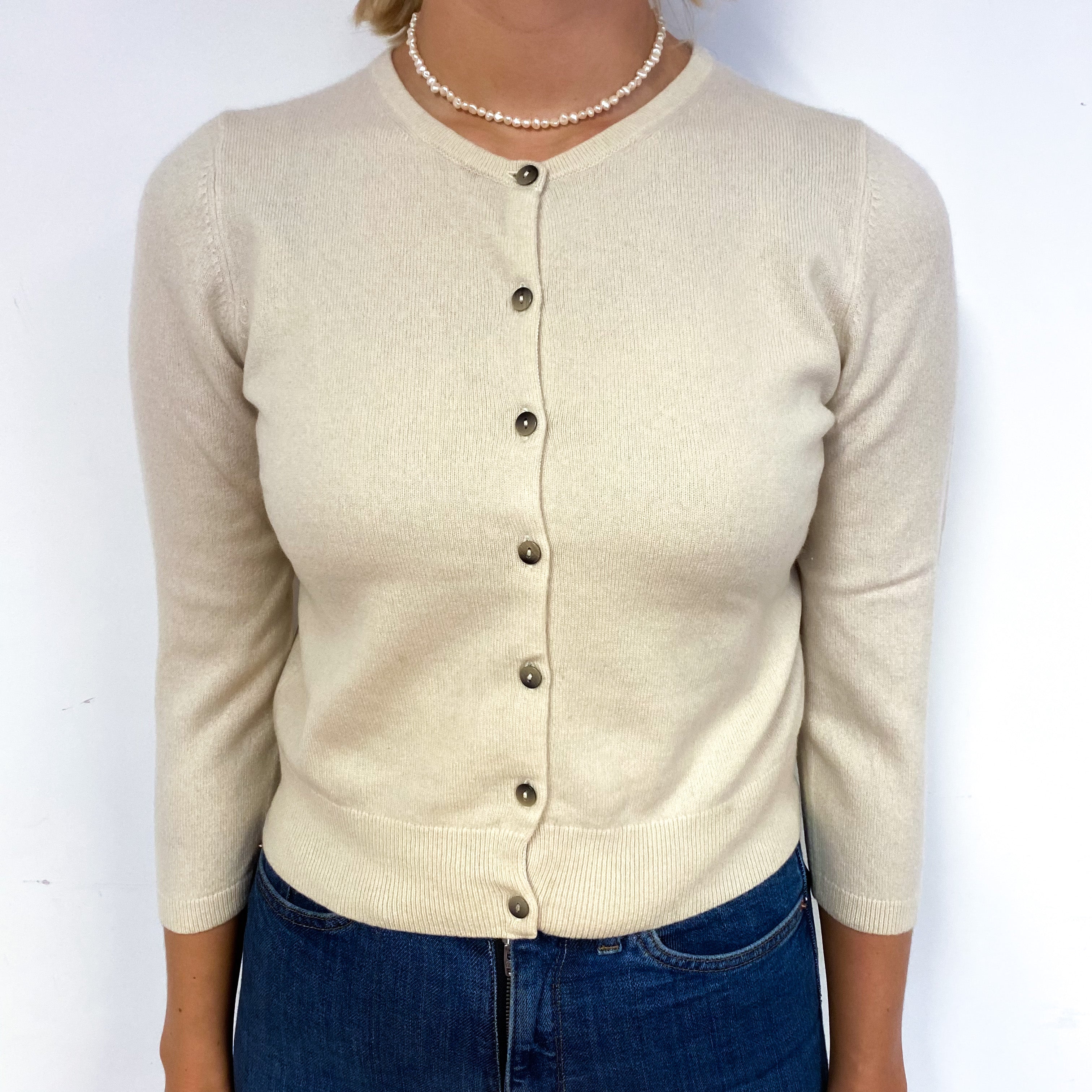 Ivory Cream 3/4 Sleeve Cashmere Cropped Cardigan Small