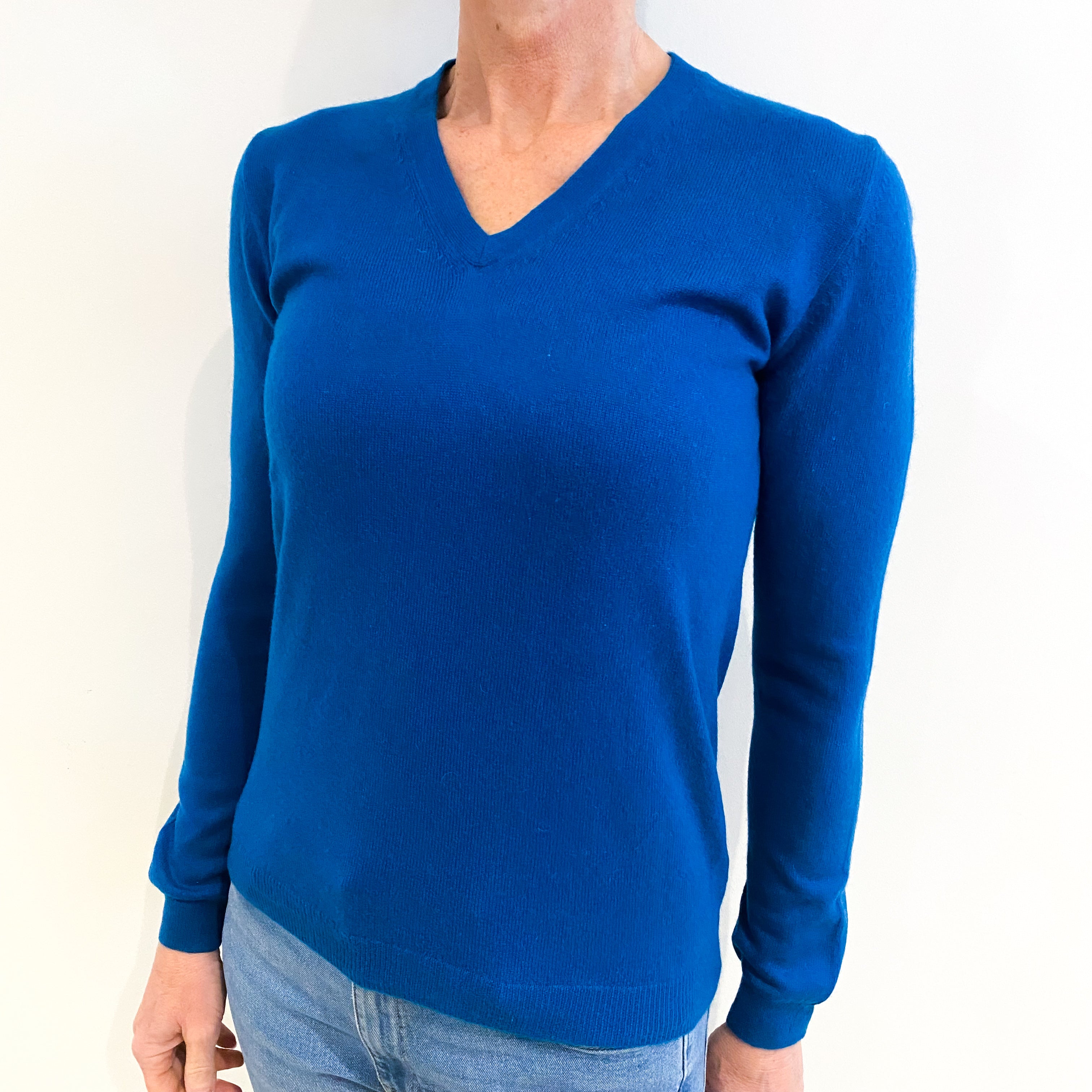 Teal Blue Cashmere V Neck Jumper Small