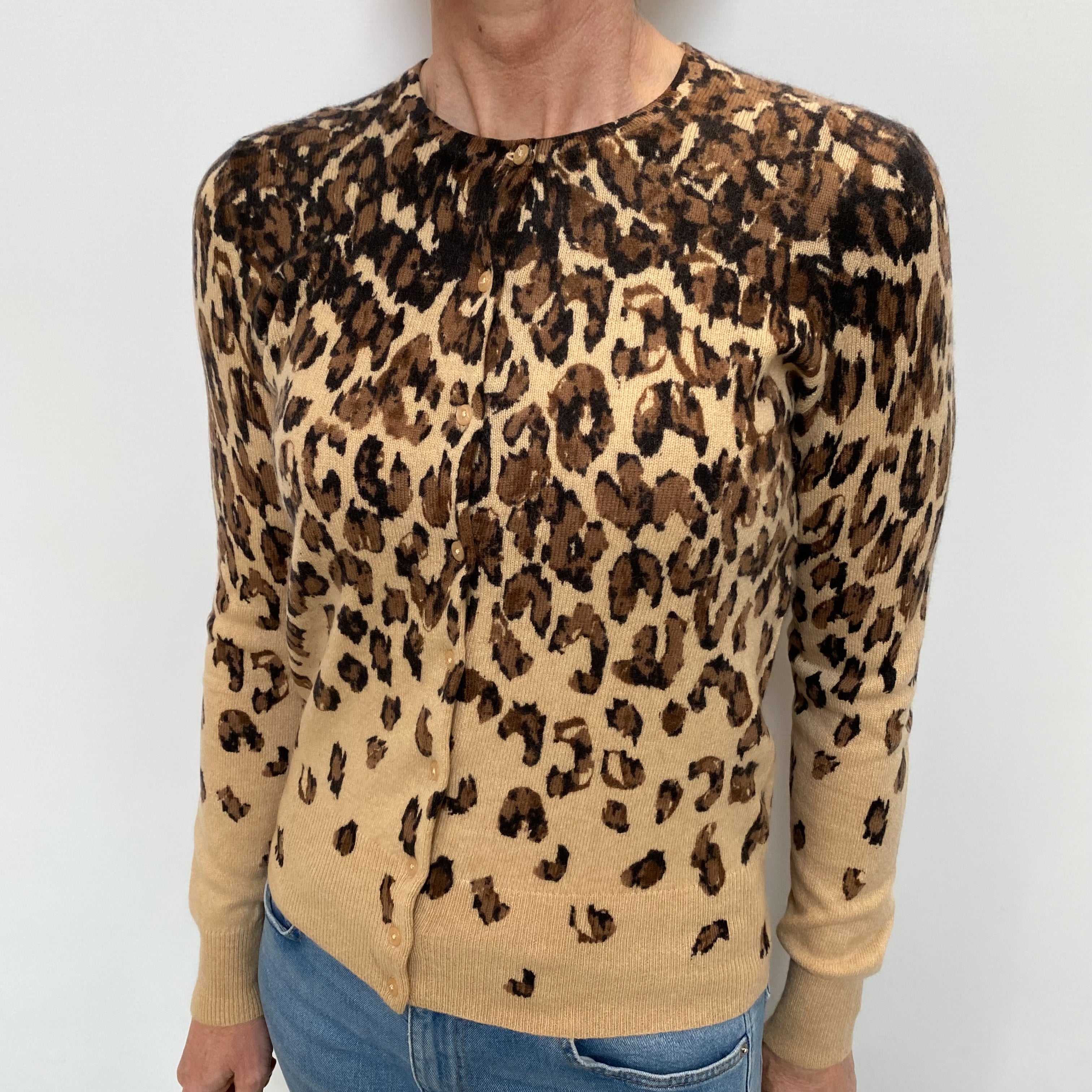 Brown Animal Print Cashmere Crew Neck Cardigan Small