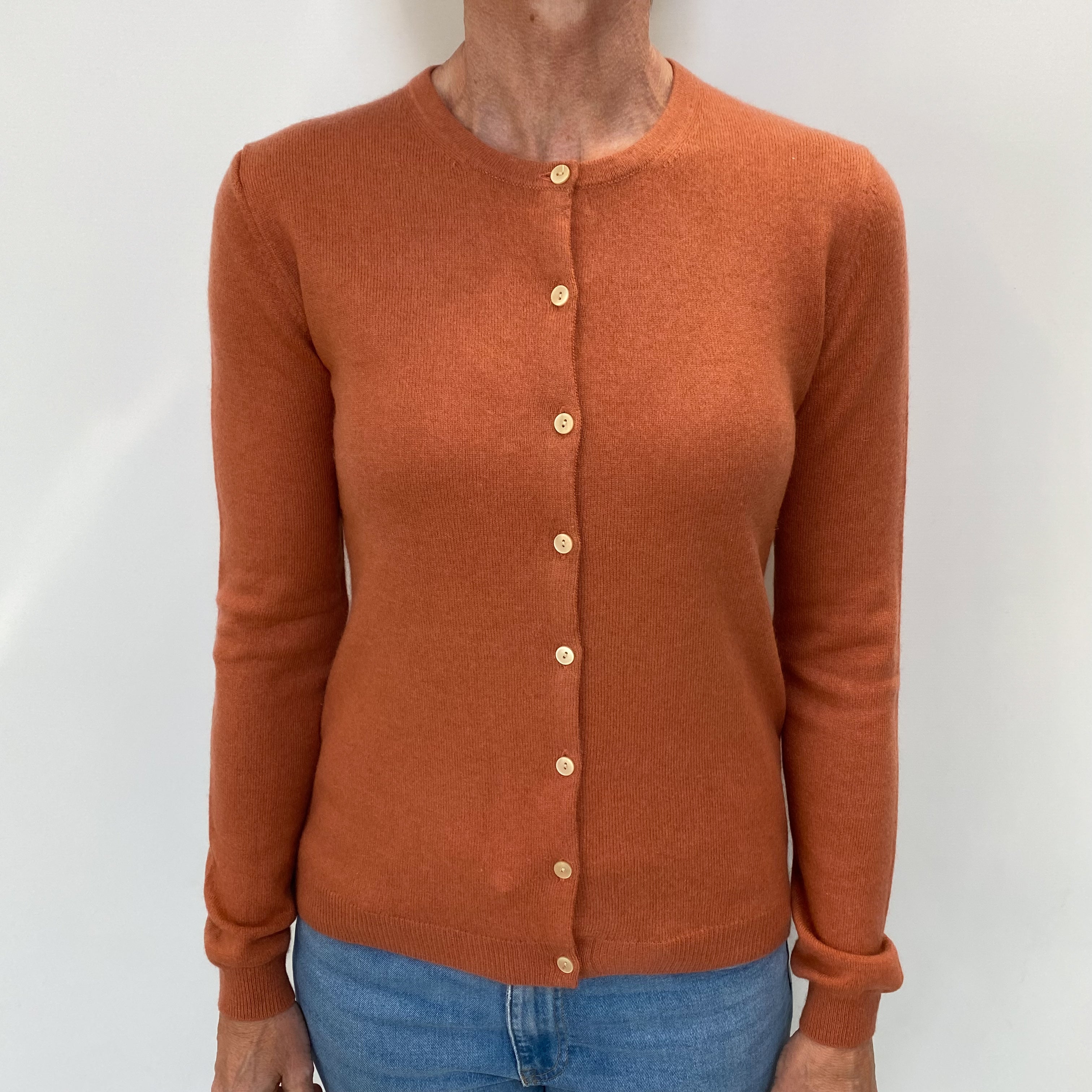 Terracotta Orange Cashmere Crew Neck Cardigan Small