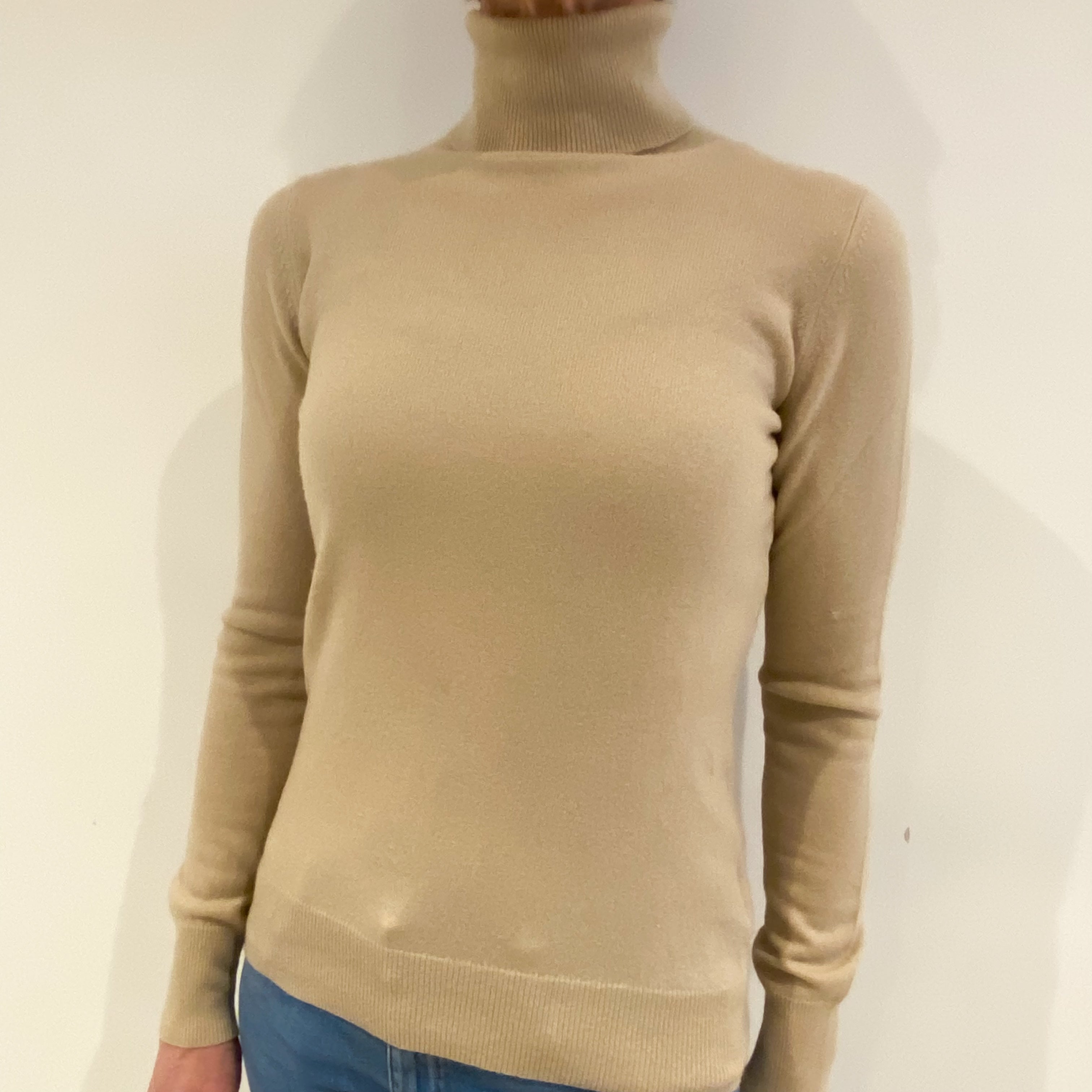 Buff Beige Cashmere Polo Neck Jumper Small