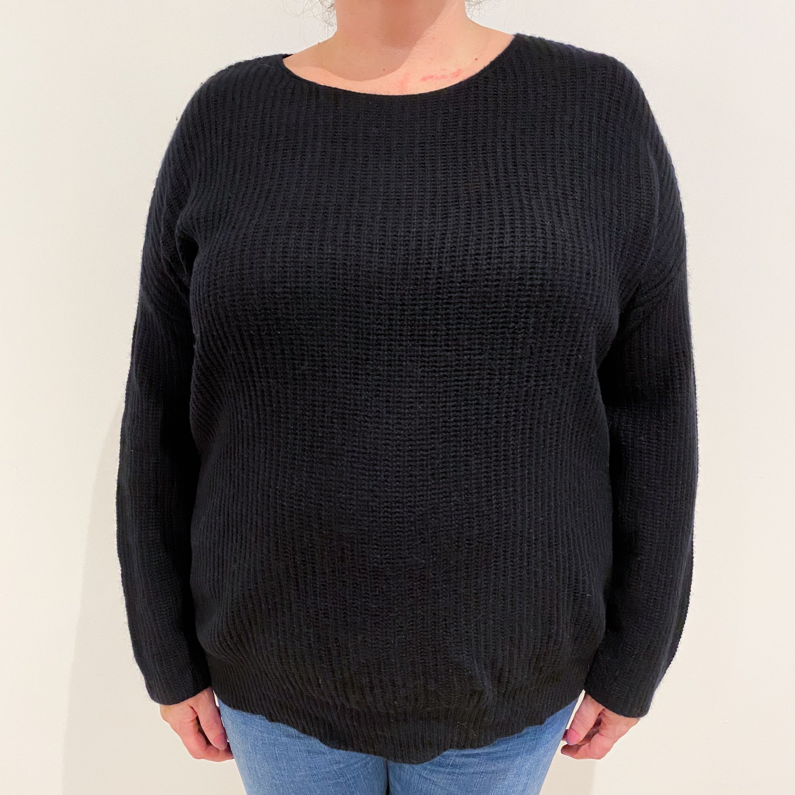 Black Ribbed Cashmere Crew Neck Jumper Extra Large
