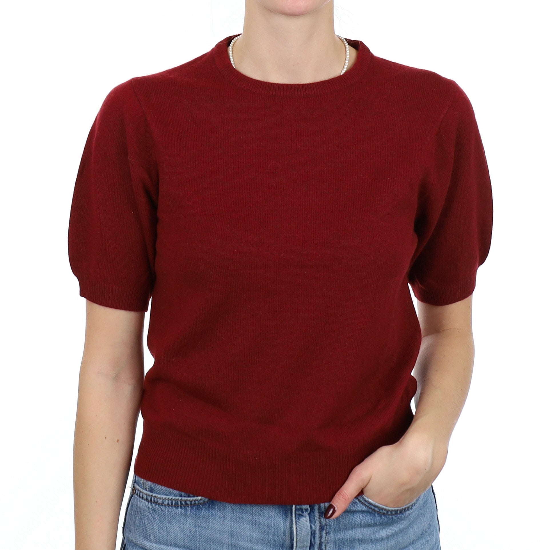 Maroon Red Cashmere Short Sleeve Crew Neck Jumper Small