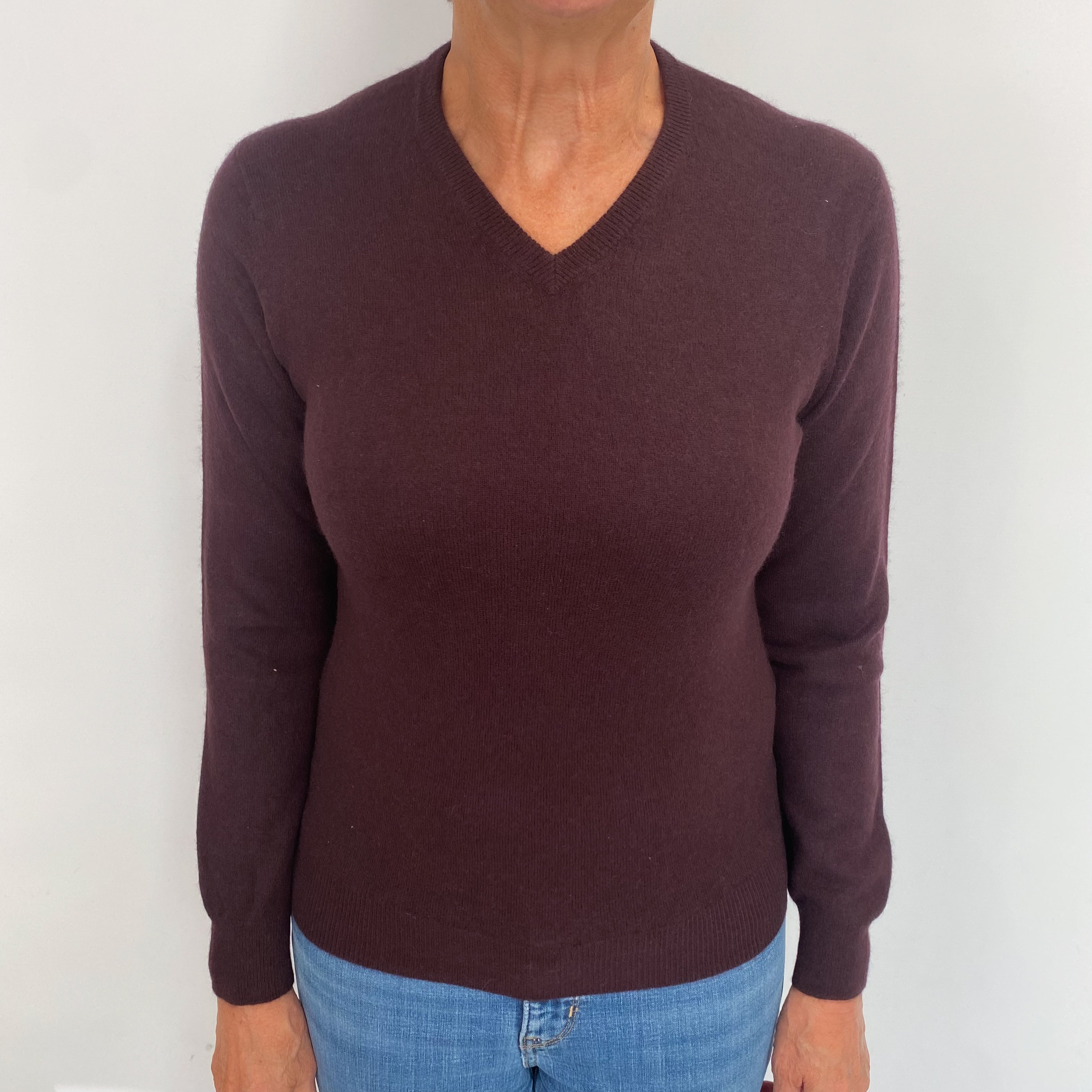 Aubergine Purple Cashmere V Neck Jumper Medium