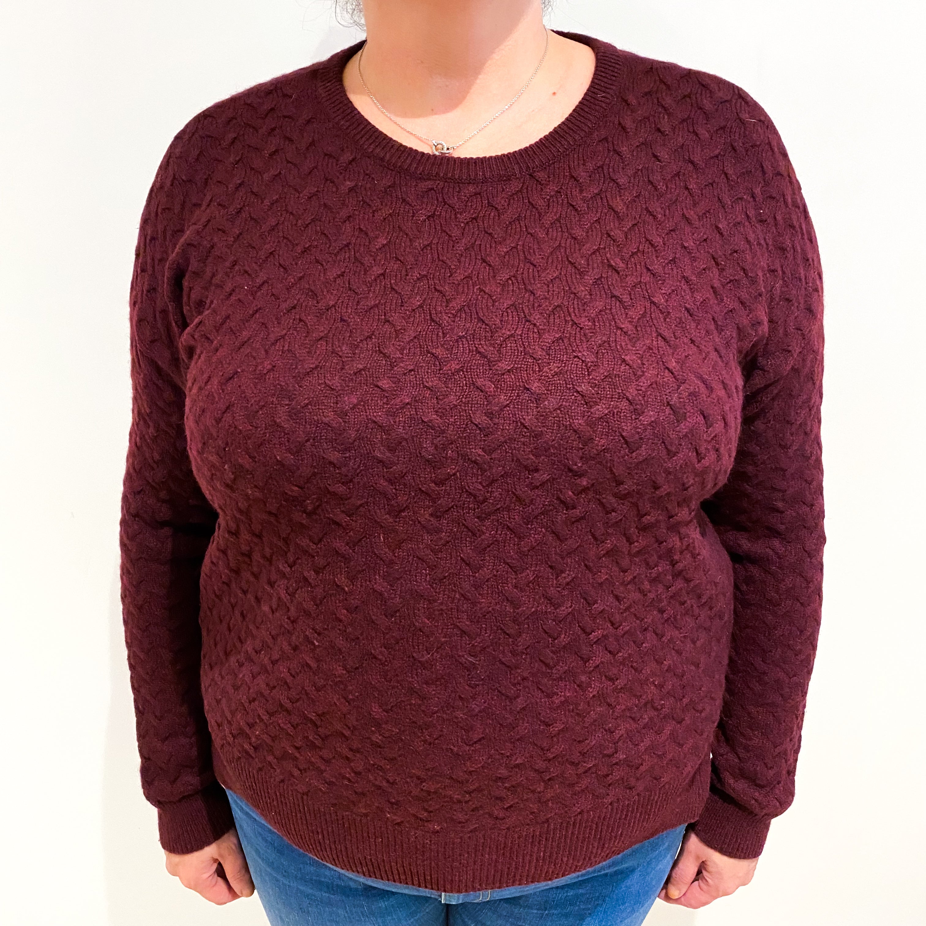 Orvis Burgundy Red Cashmere Textured Crew Neck Jumper Extra Large