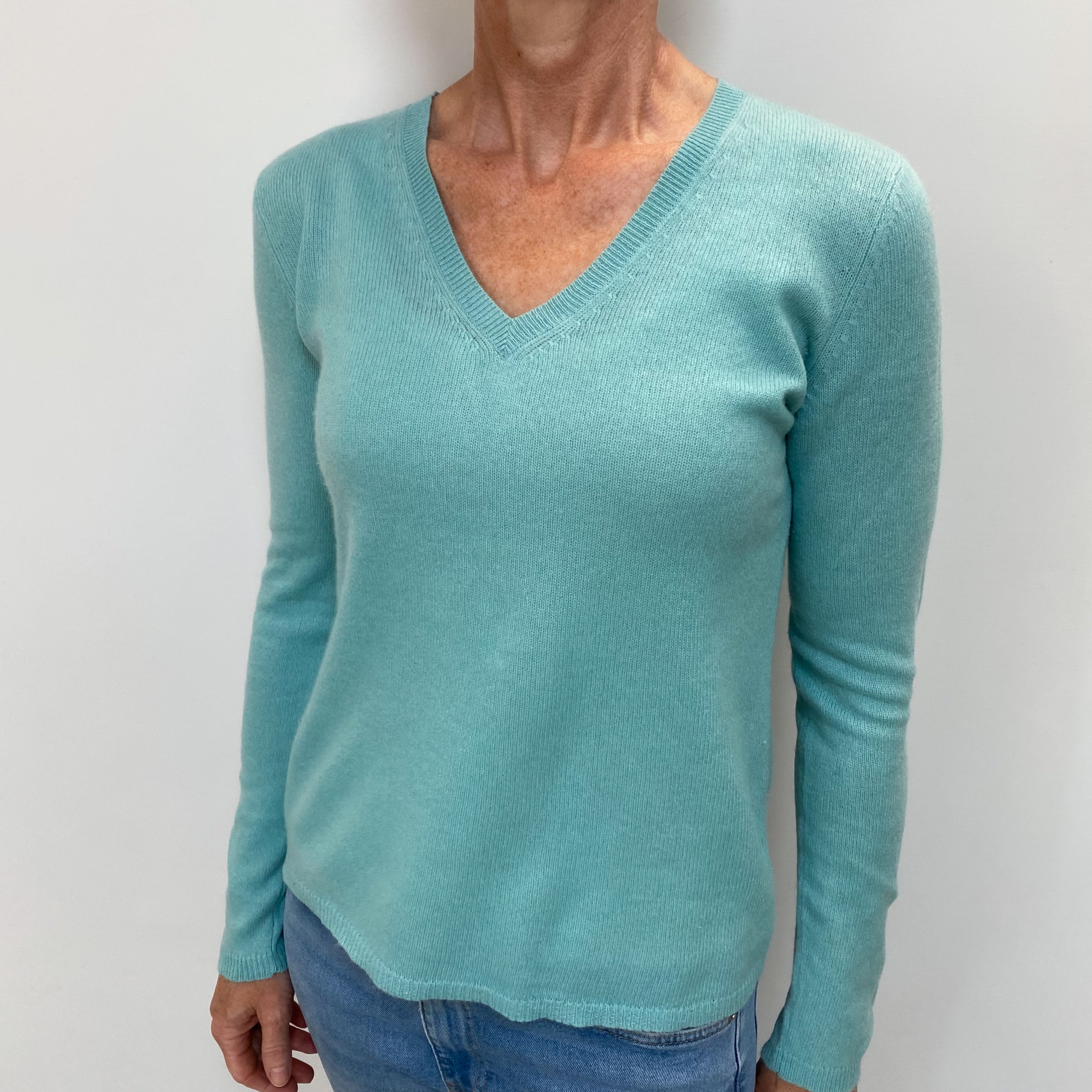 Pale Aqua Cashmere V Neck Jumper Small