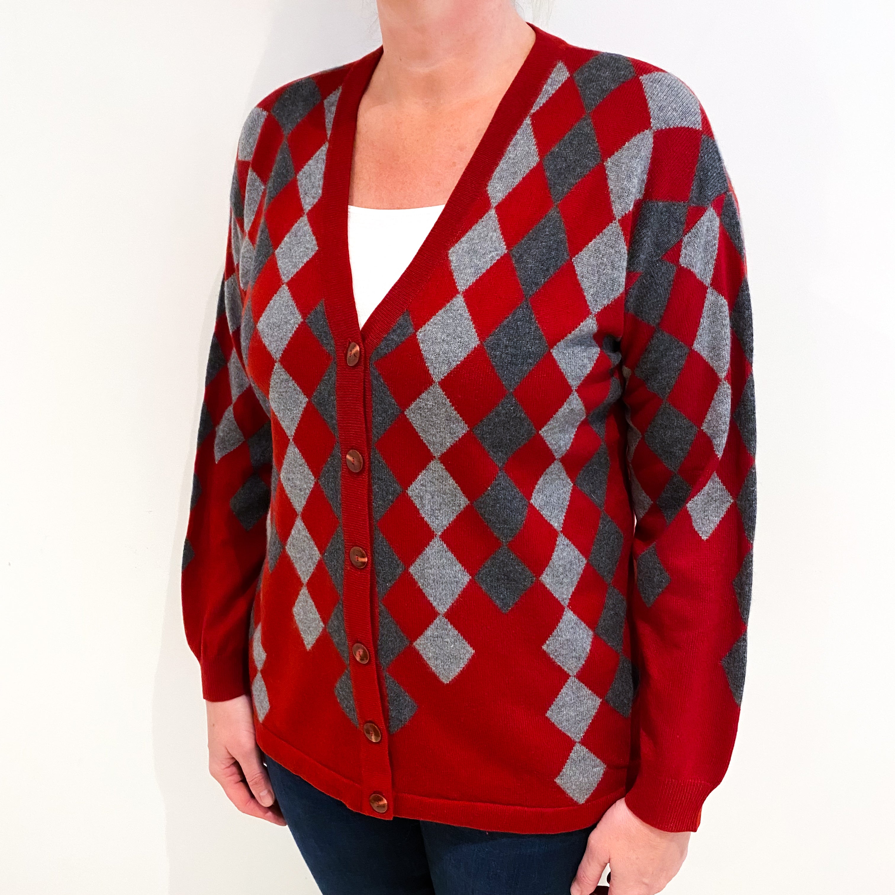 Red And Grey Diamond Cashmere V Neck Cardigan Large