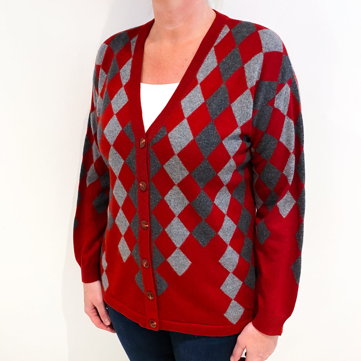 Red And Grey Diamond Cashmere V Neck Cardigan Large