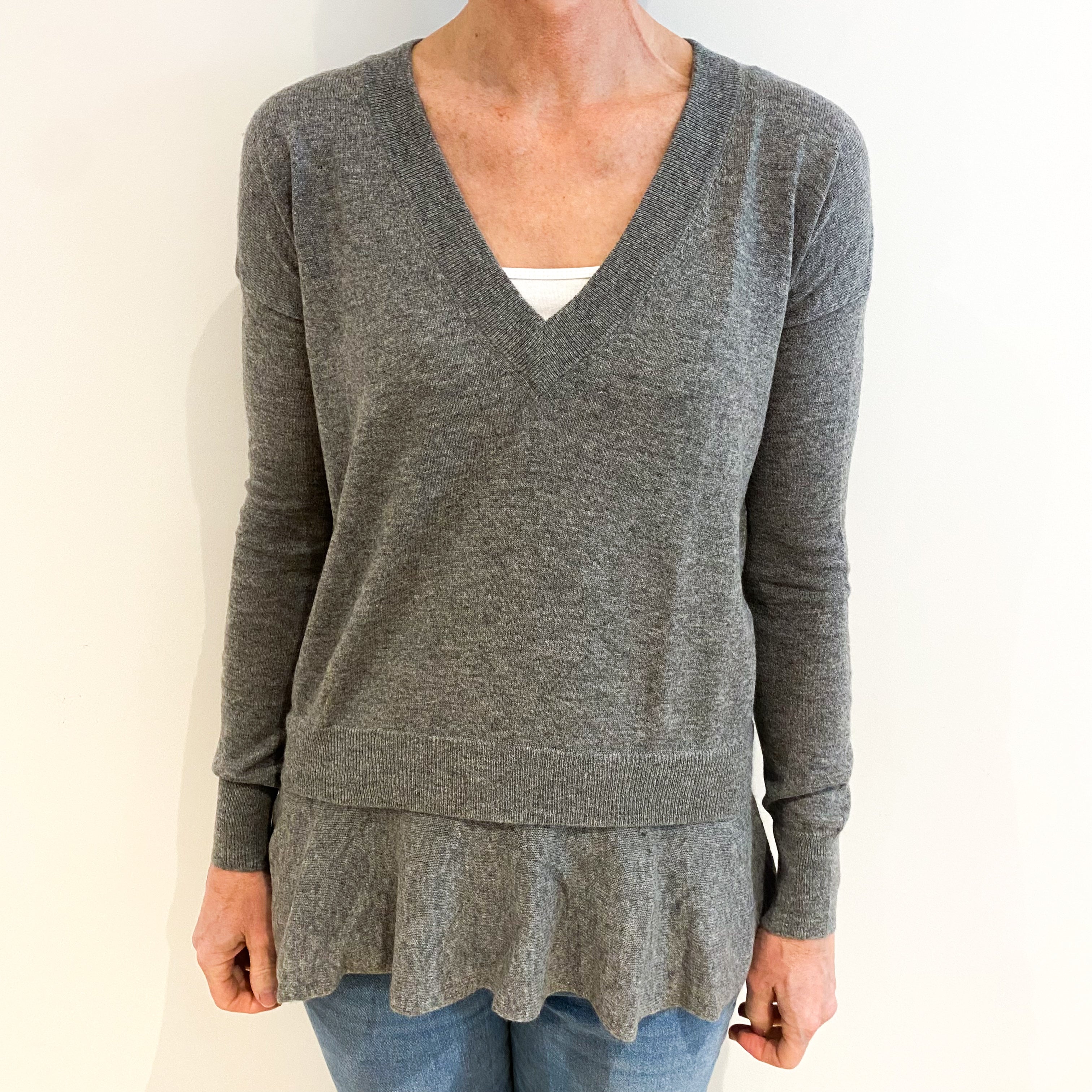 Smoke Grey Cashmere V Neck Jumper Small