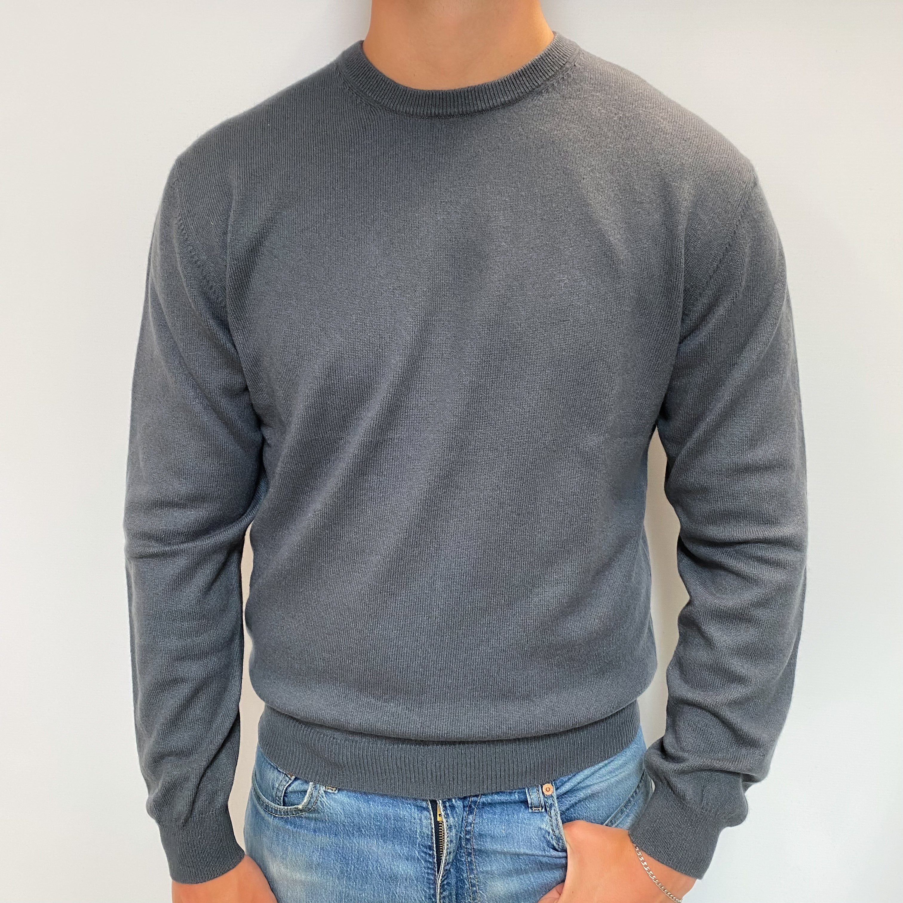 Men's Stone Blue Cashmere Crew Neck Jumper XL