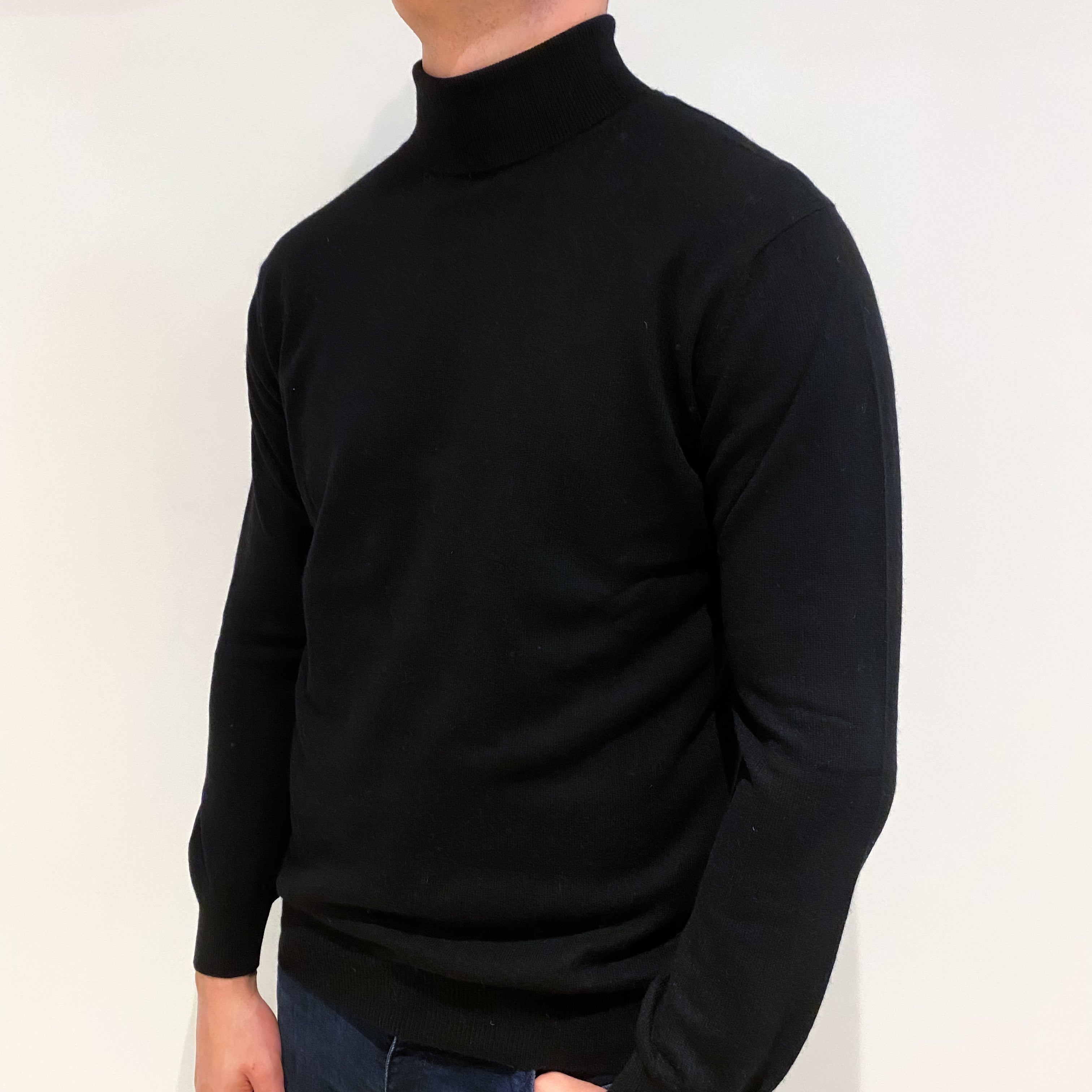 Men's Black Cashmere Polo Neck Jumper Extra Large