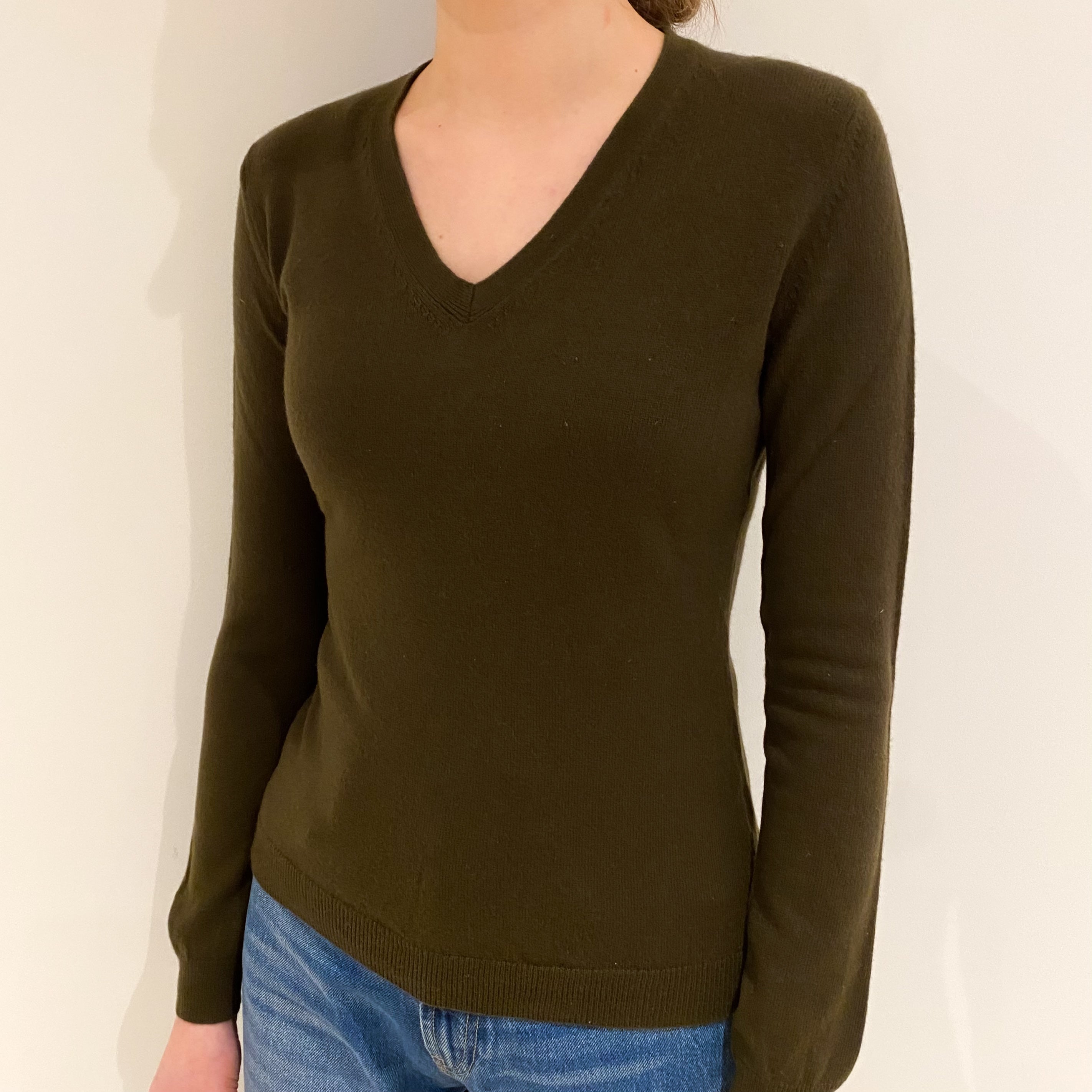 Deep Khaki Brown Cashmere V Neck Jumper Extra Small