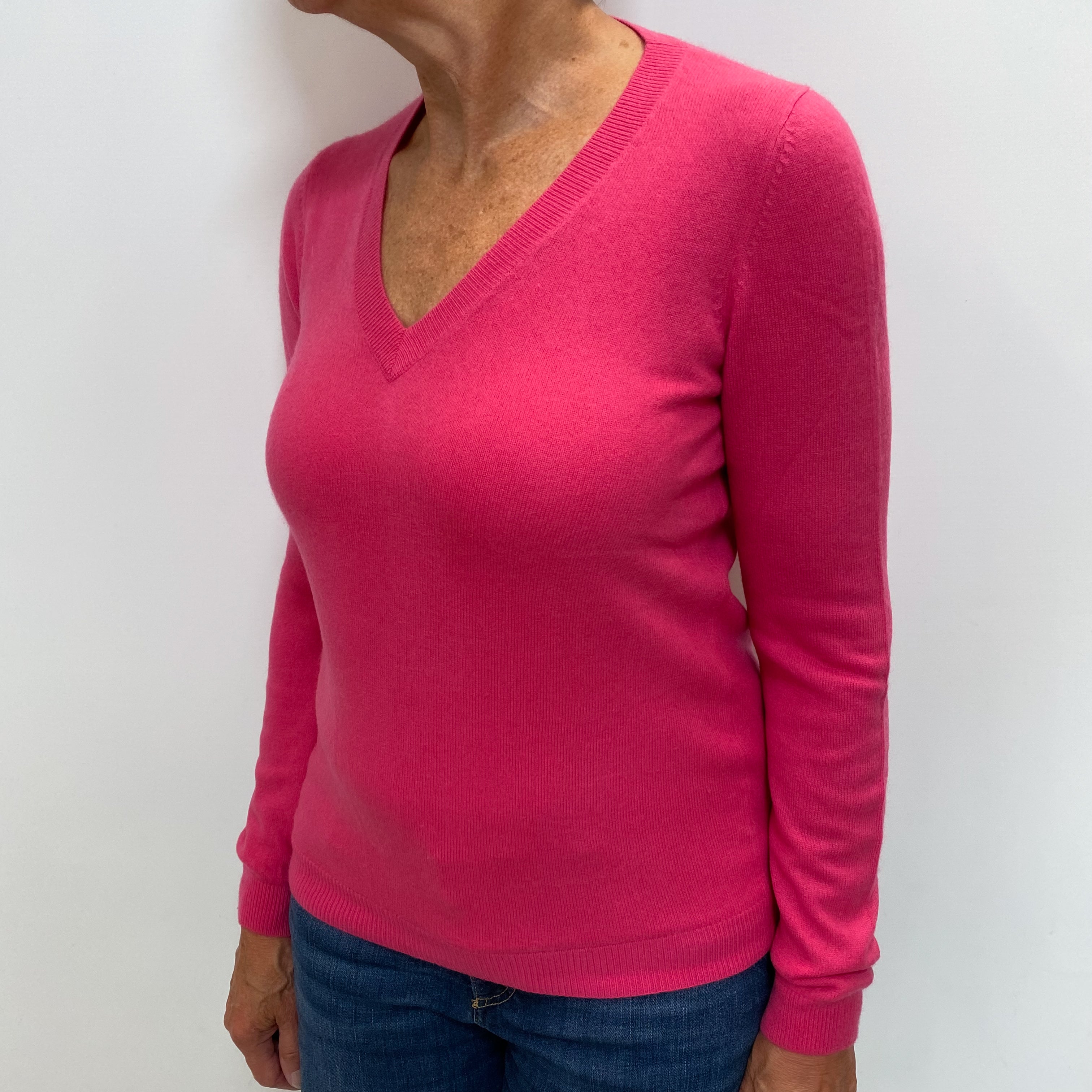 Hot Pink Cashmere V Neck Jumper Medium