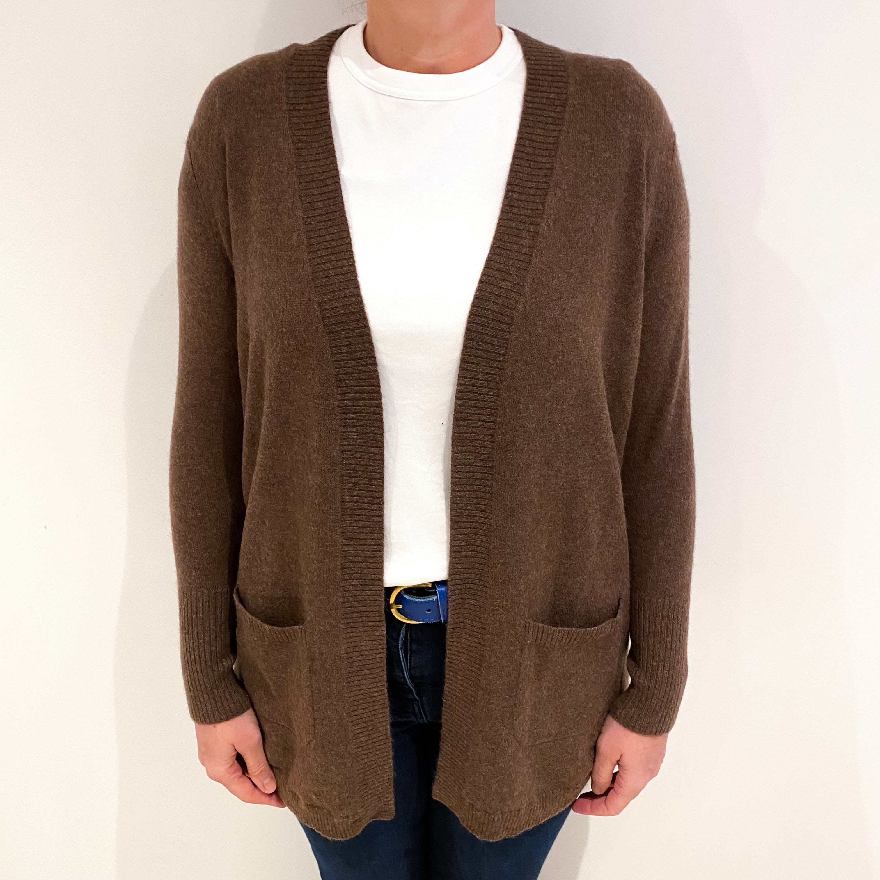Pecan Brown Cashmere Edge to Edge Cardigan with Pockets Large