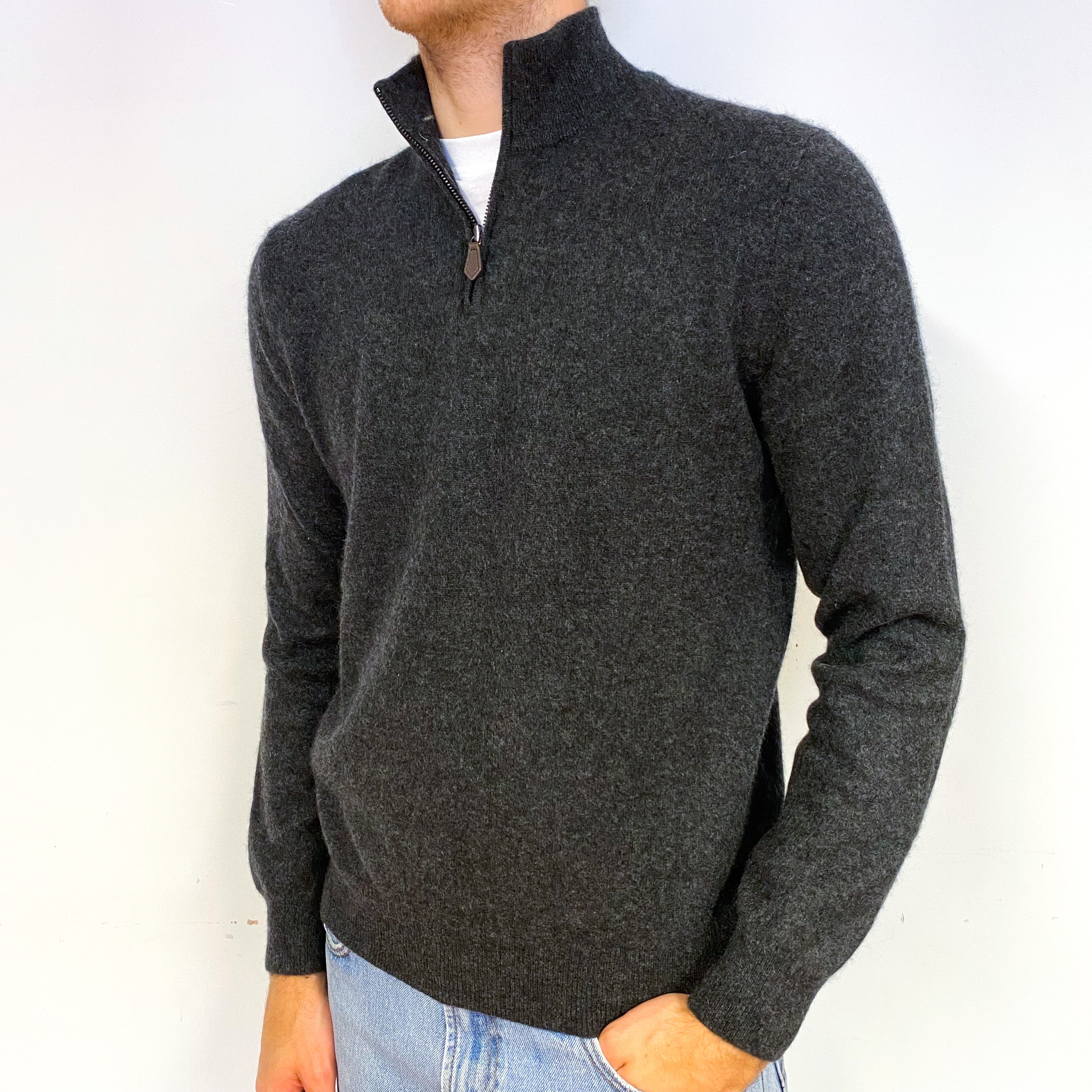 Men's Slate Grey Cashmere 1/4 Zip Jumper Medium