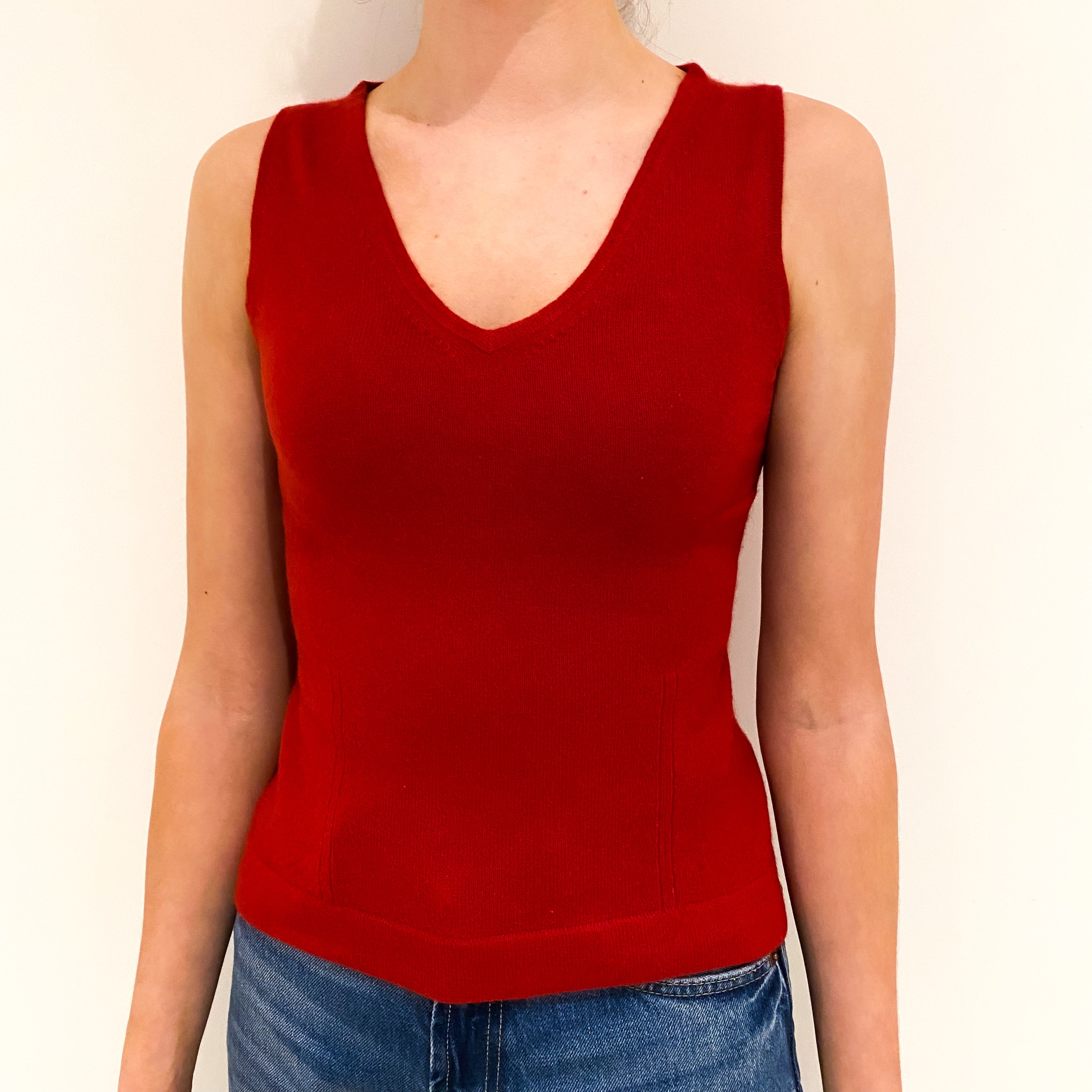 Red Cashmere V-Neck Sleeveless Jumper Extra Small