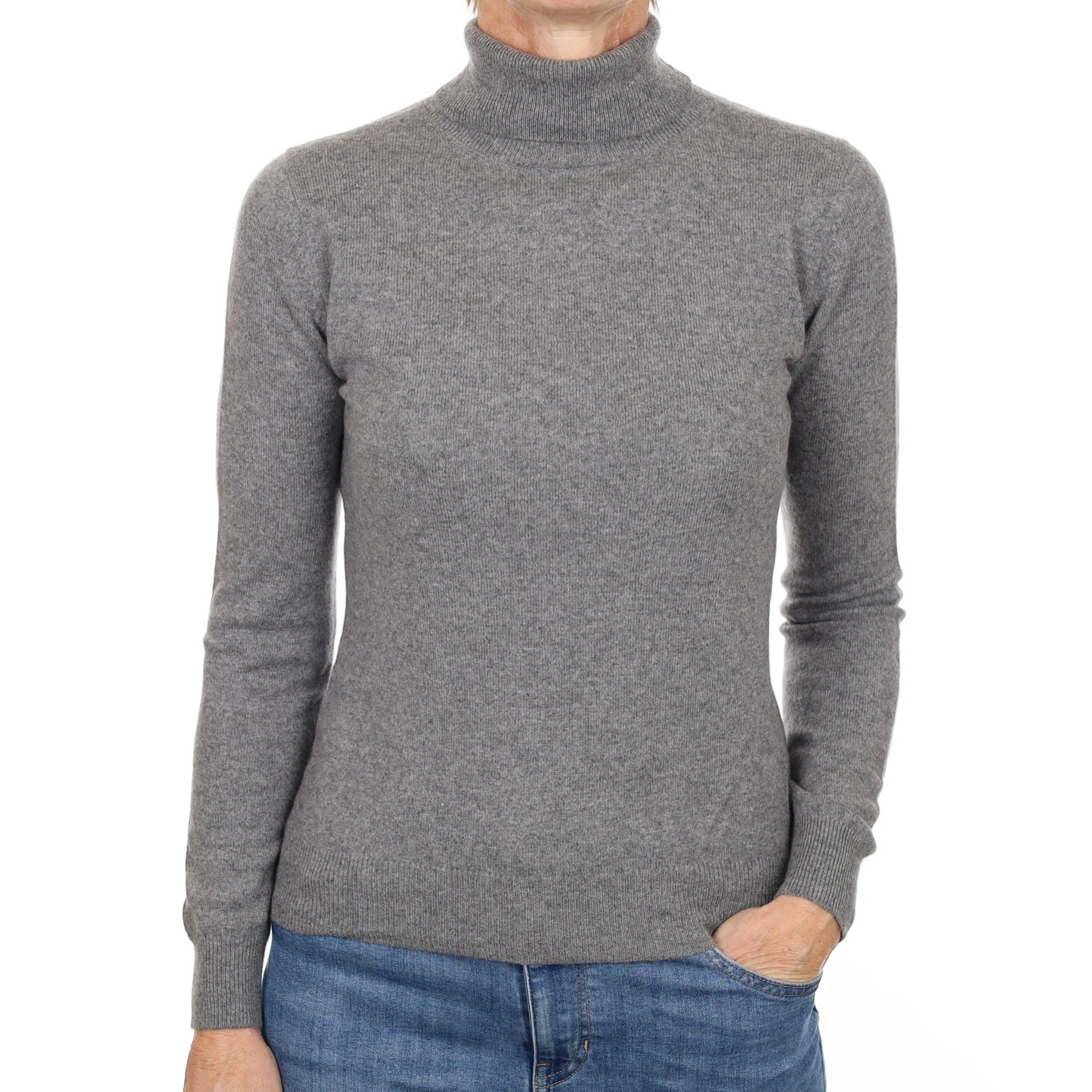 Ash Grey Cashmere Polo Neck Jumper Small
