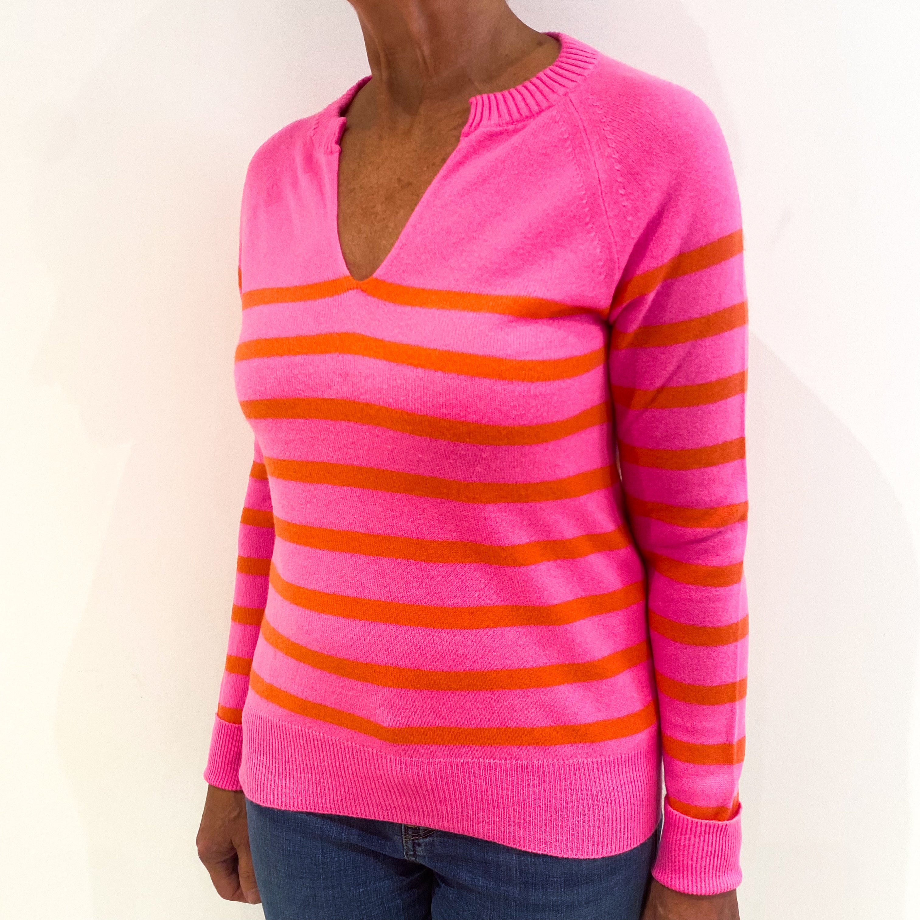 Neon Pink and Orange Striped Cashmere V-Neck Jumper Medium