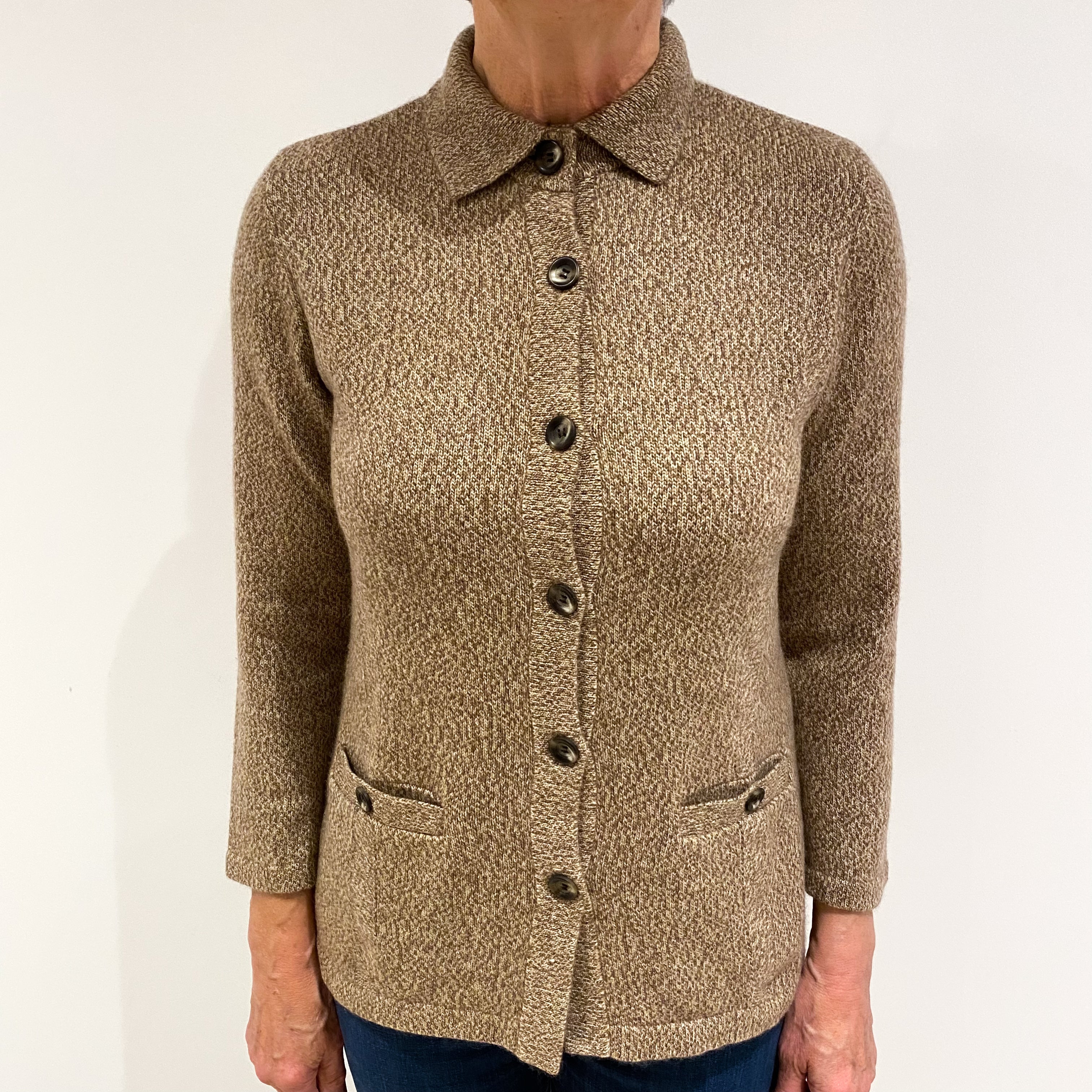 Toffee Brown Marl Cashmere Collared Cardigan Jacket Medium with Front Pockets