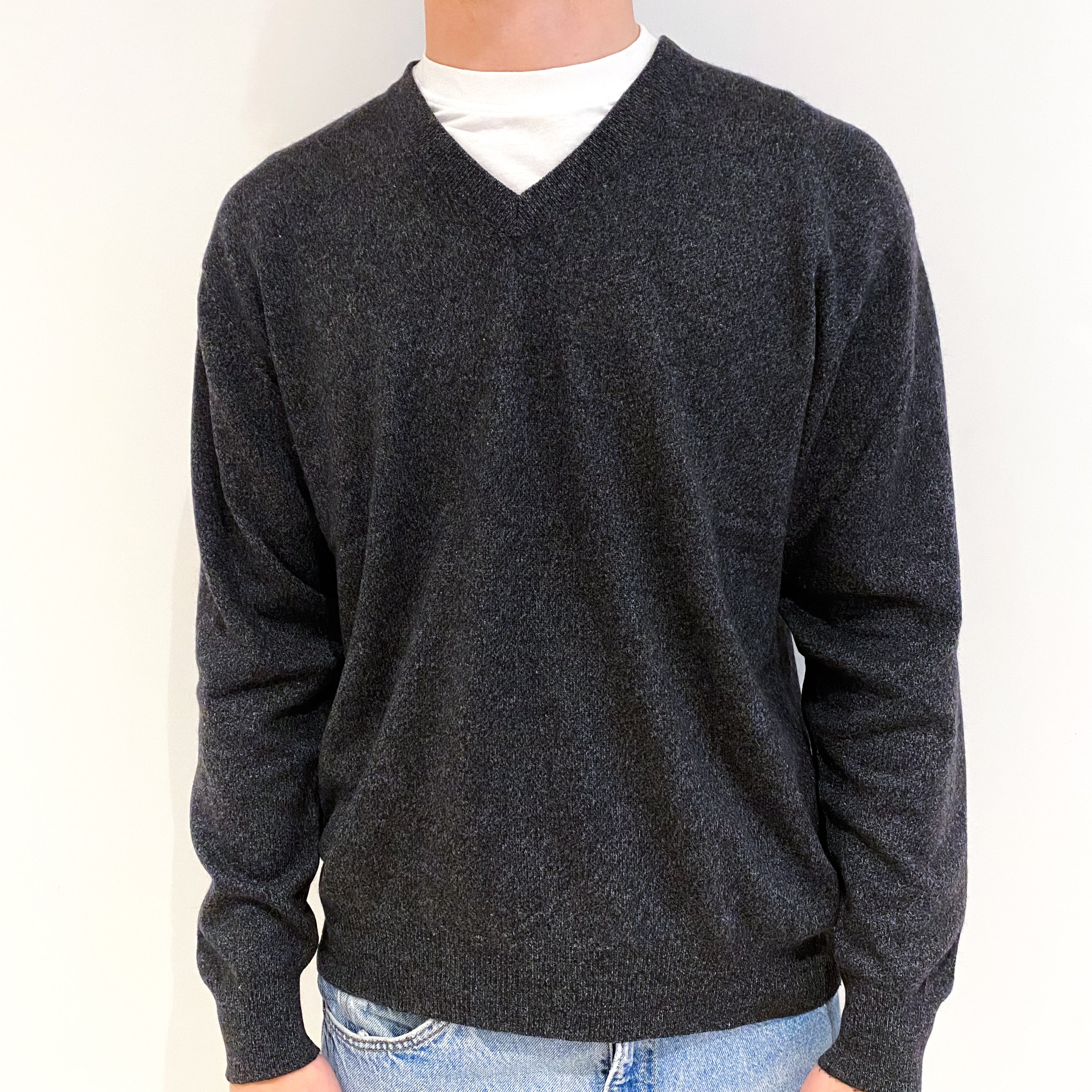 Men's Slate Grey Marl Cashmere V-Neck Jumper Medium