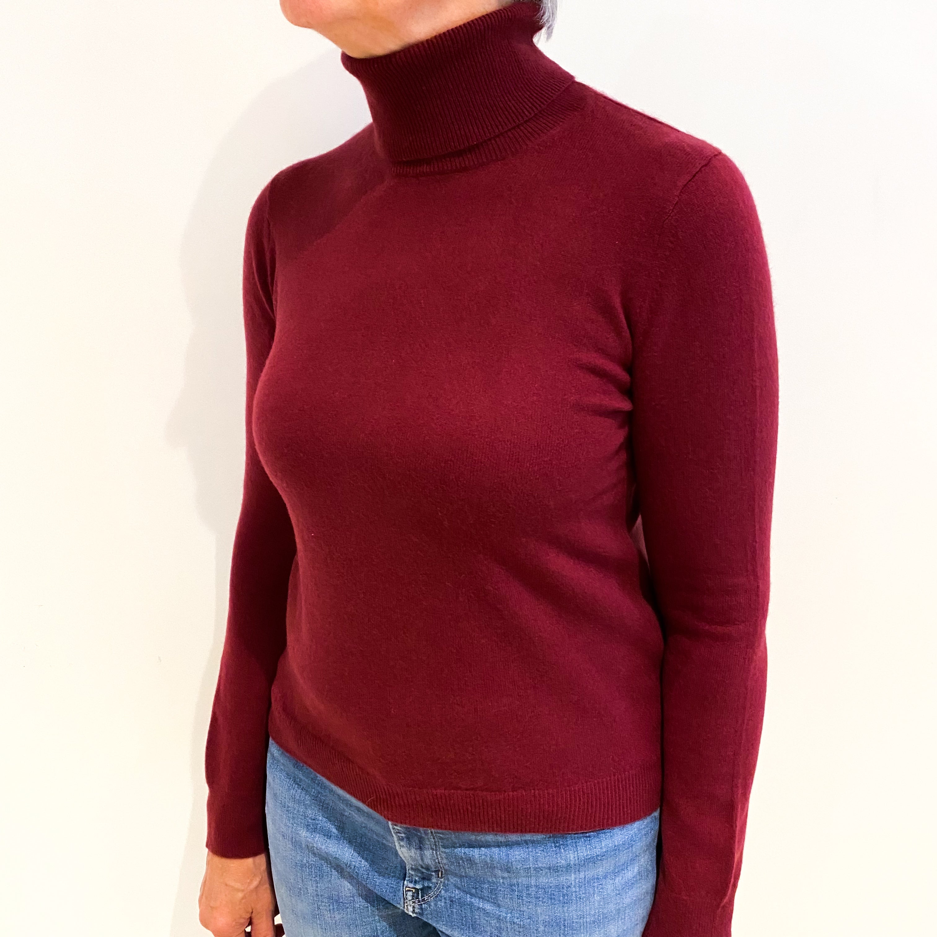 Burgundy Red Cashmere Polo Neck Jumper Medium