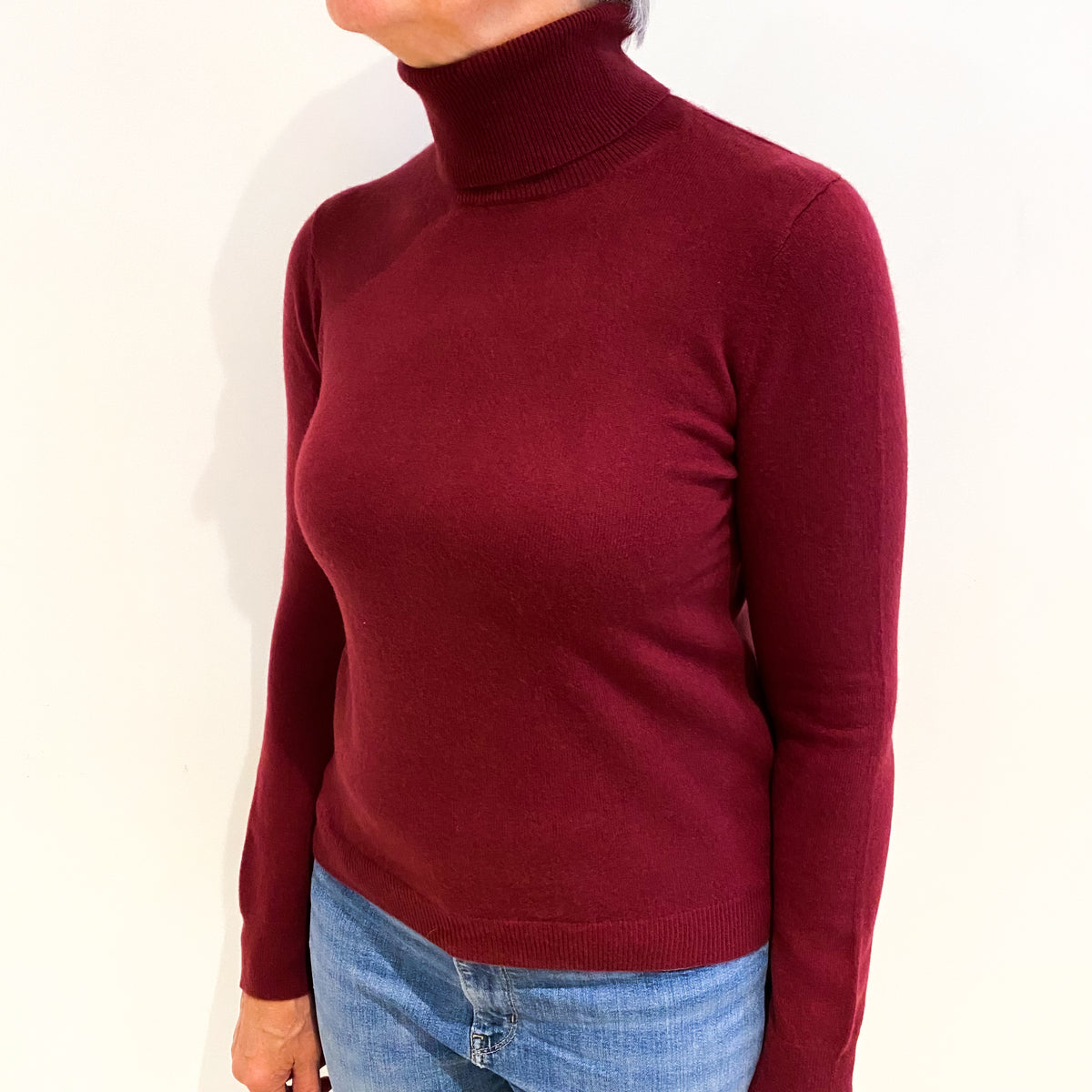 Burgundy Red Cashmere Polo Neck Jumper Medium
