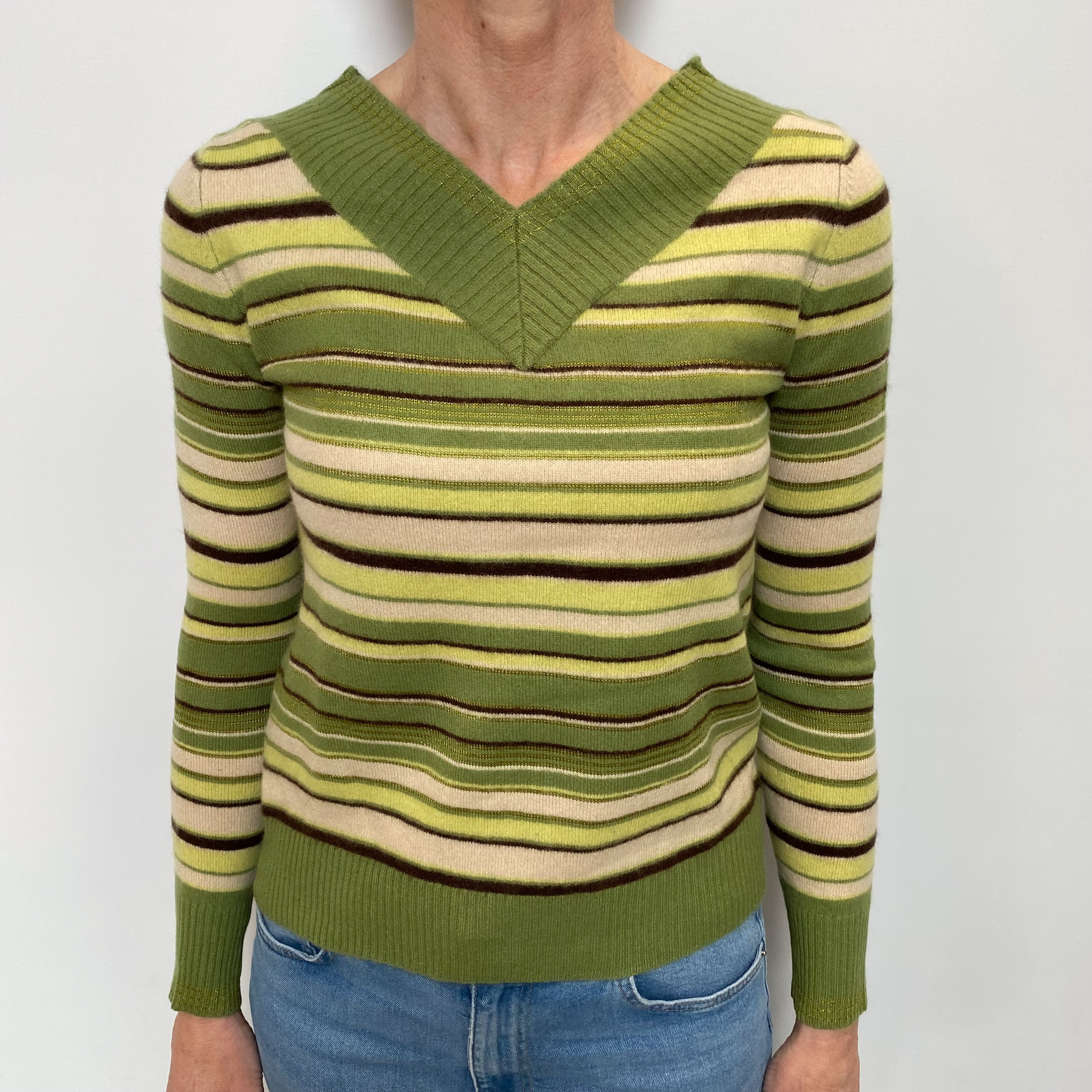 Moss Green Stripe Cashmere V Neck Jumper Small