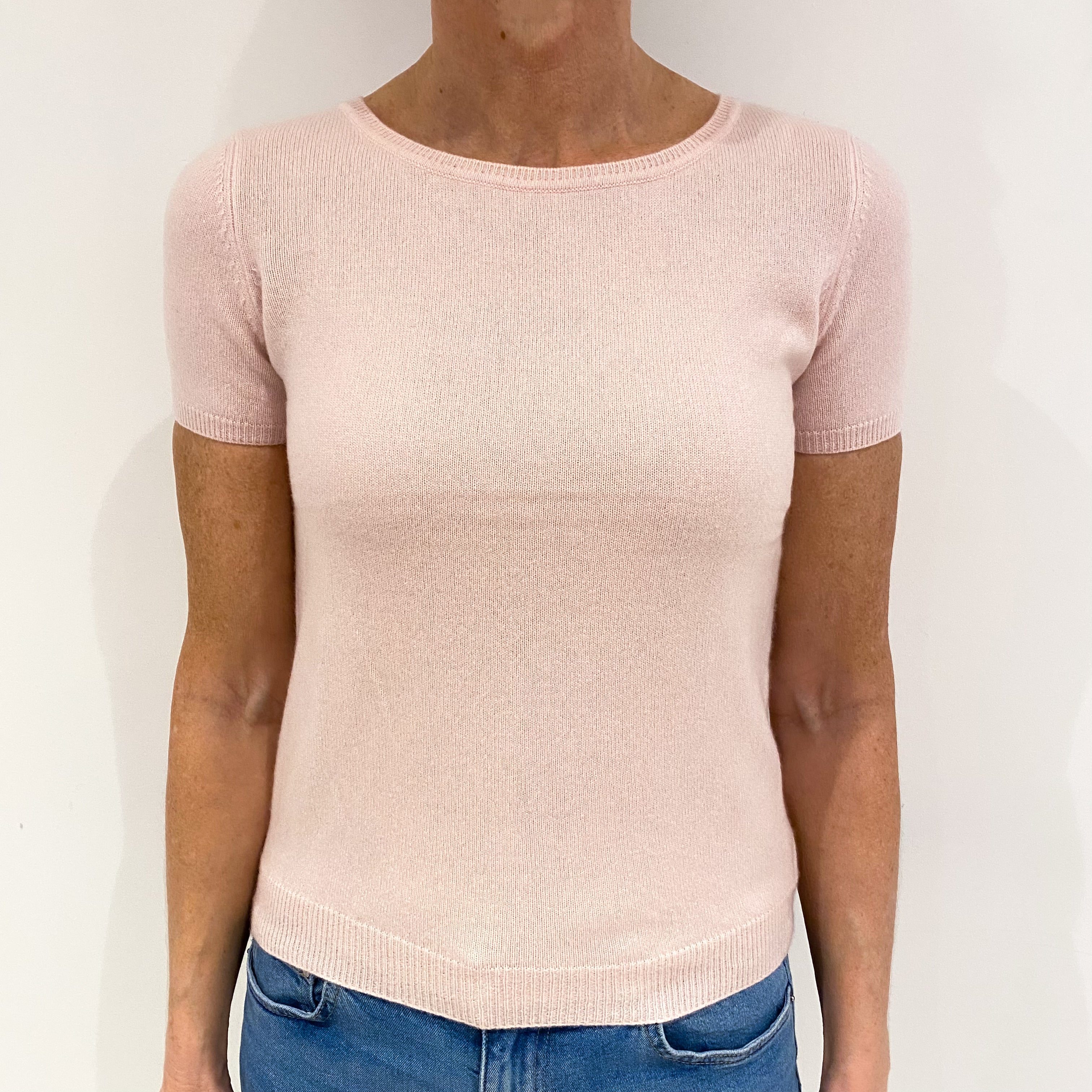Shell Pink Cashmere Short Sleeve Crew Neck Jumper Small