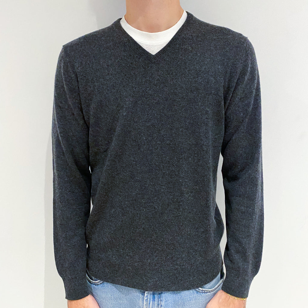 Men's Charcoal Grey Cashmere V-Neck Jumper Large