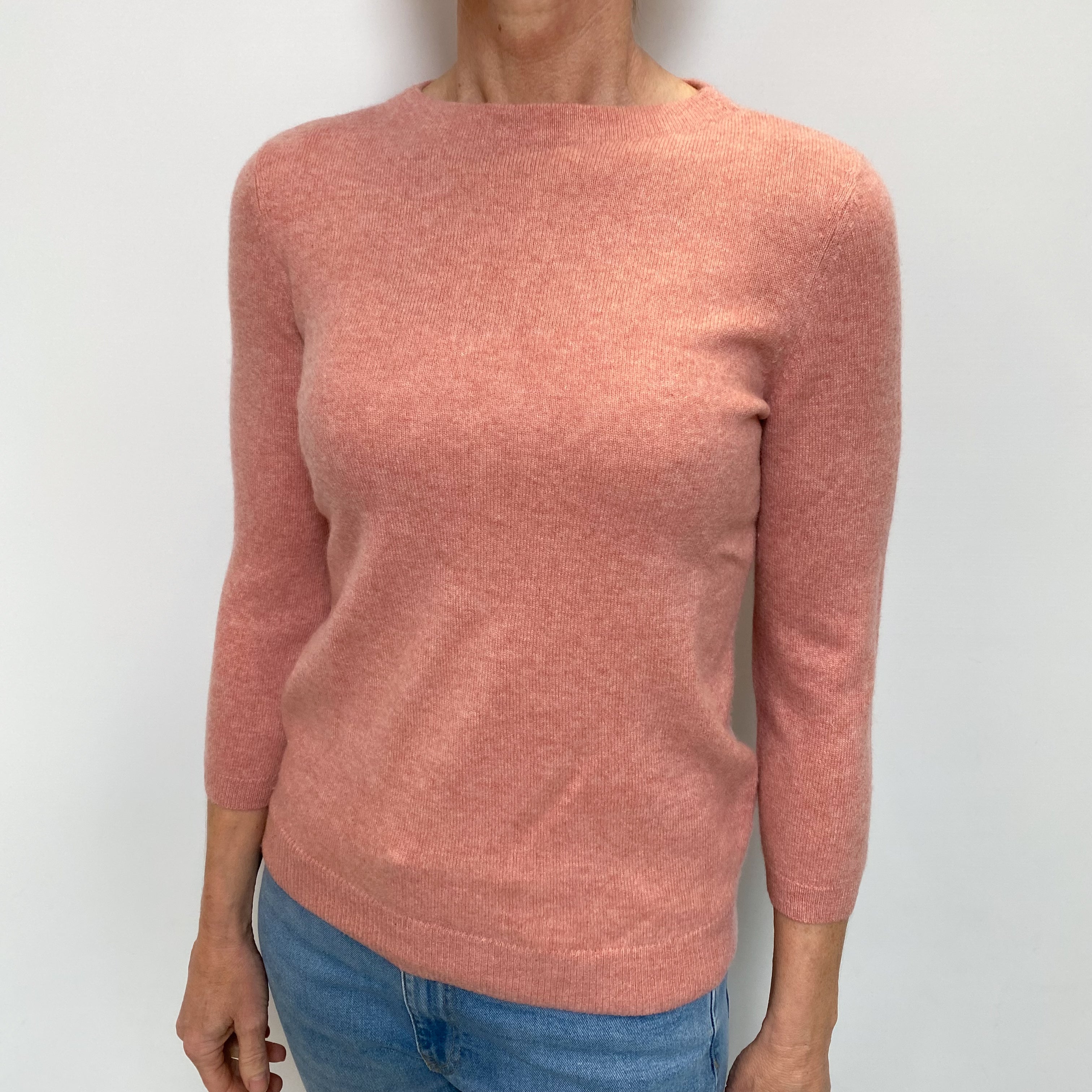 Salmon Pink Cashmere High Crew Neck Jumper Small