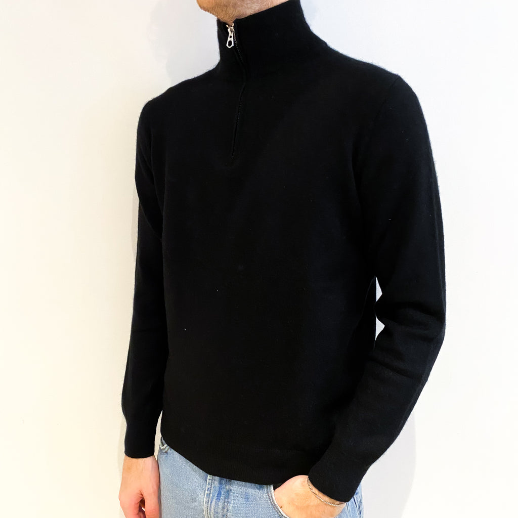 Men's Black Cashmere 1/4 Zip Jumper Medium