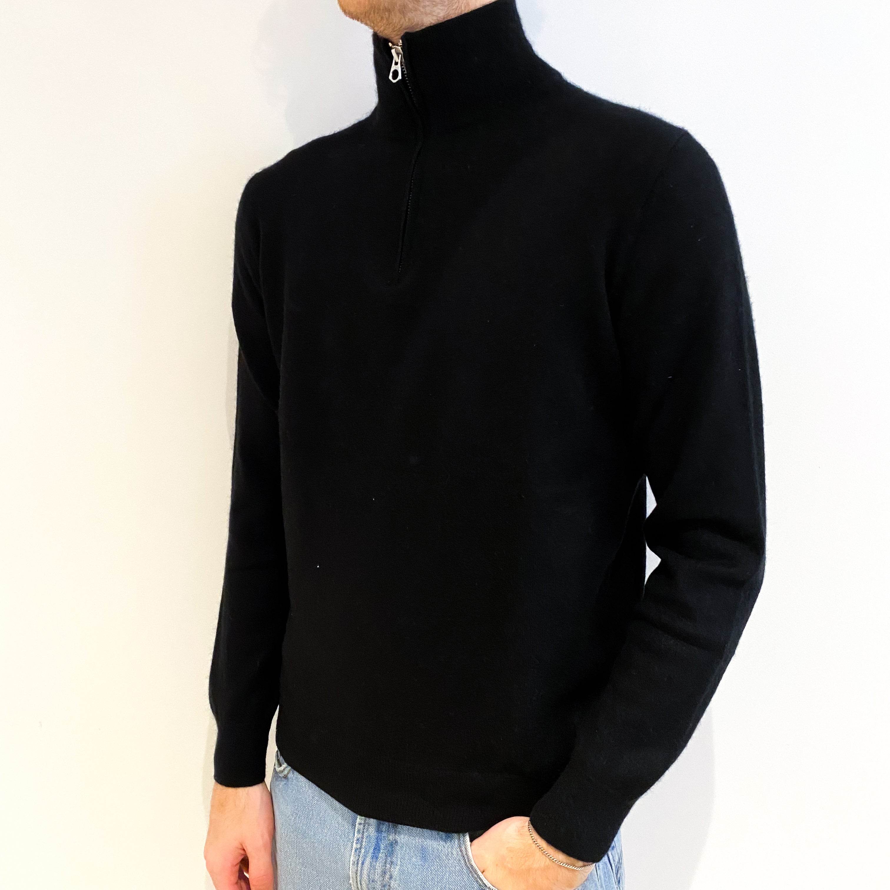 Men's Black Cashmere 1/4 Zip Jumper Medium