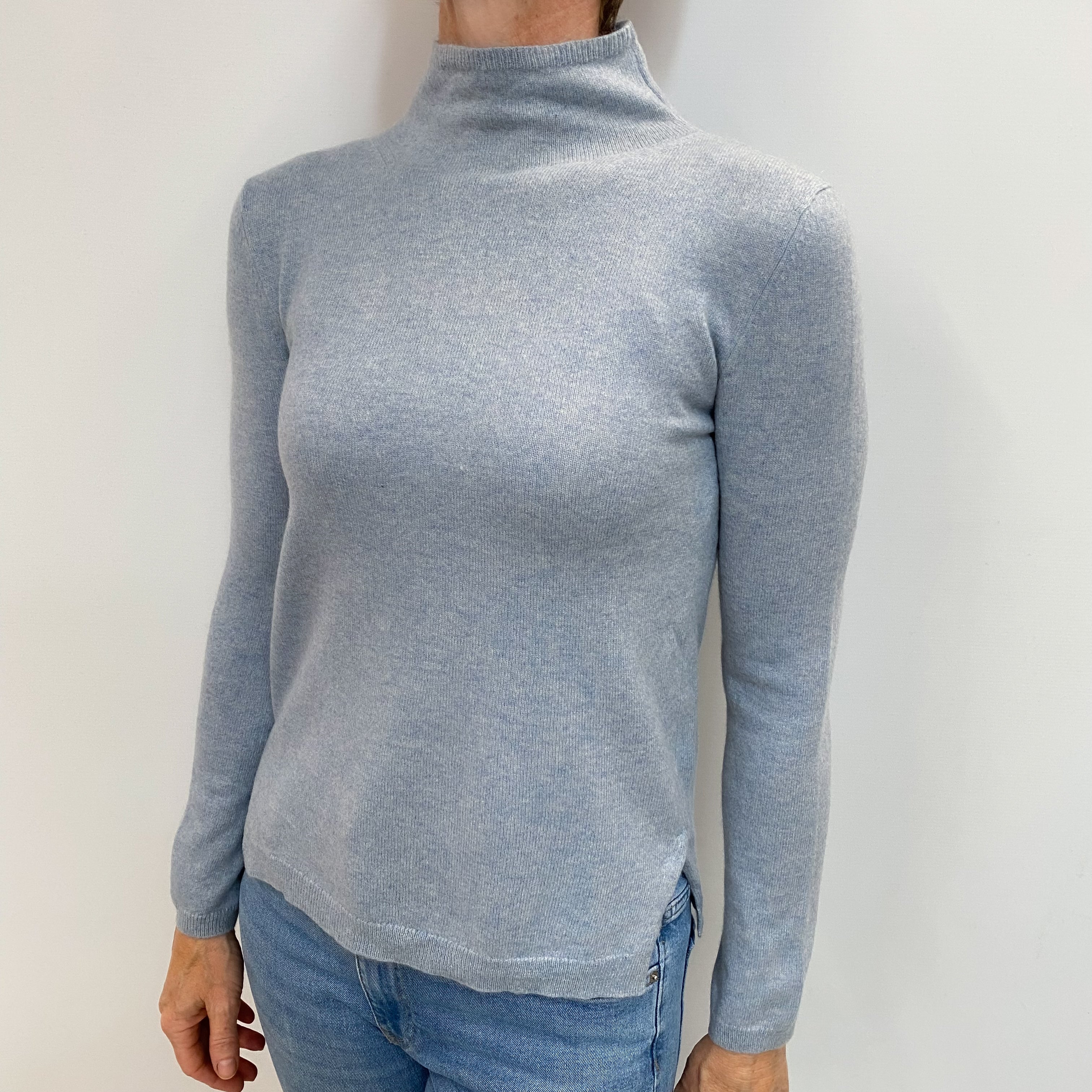 Baby Blue Marl Cashmere Funnel Neck Jumper Small