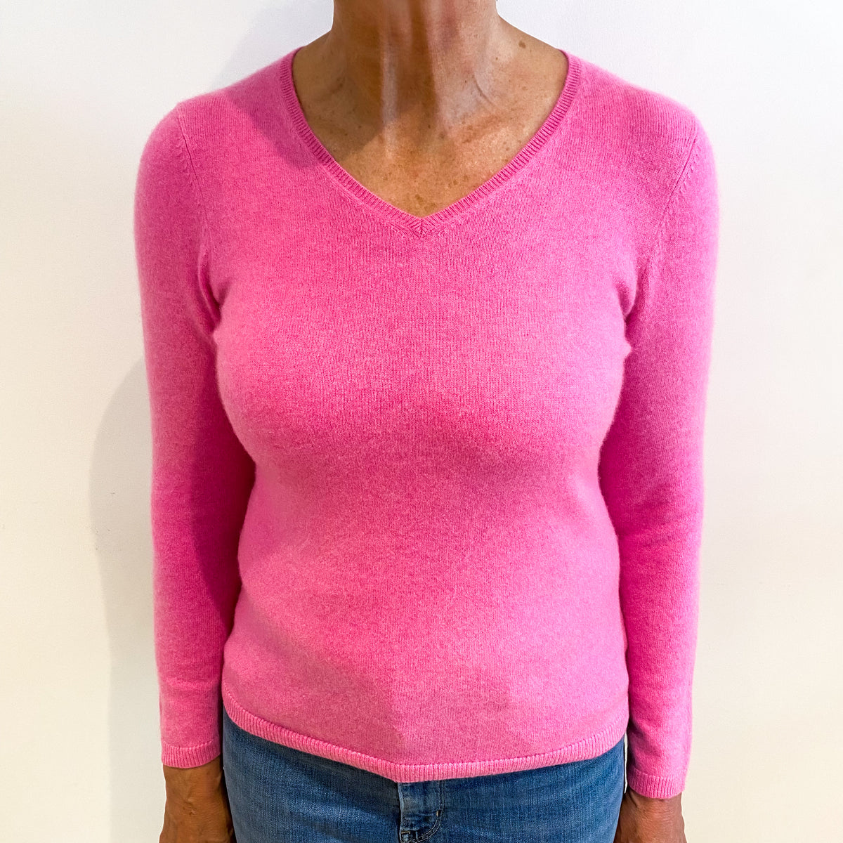 Neon Pink Cashmere V Neck Jumper Medium