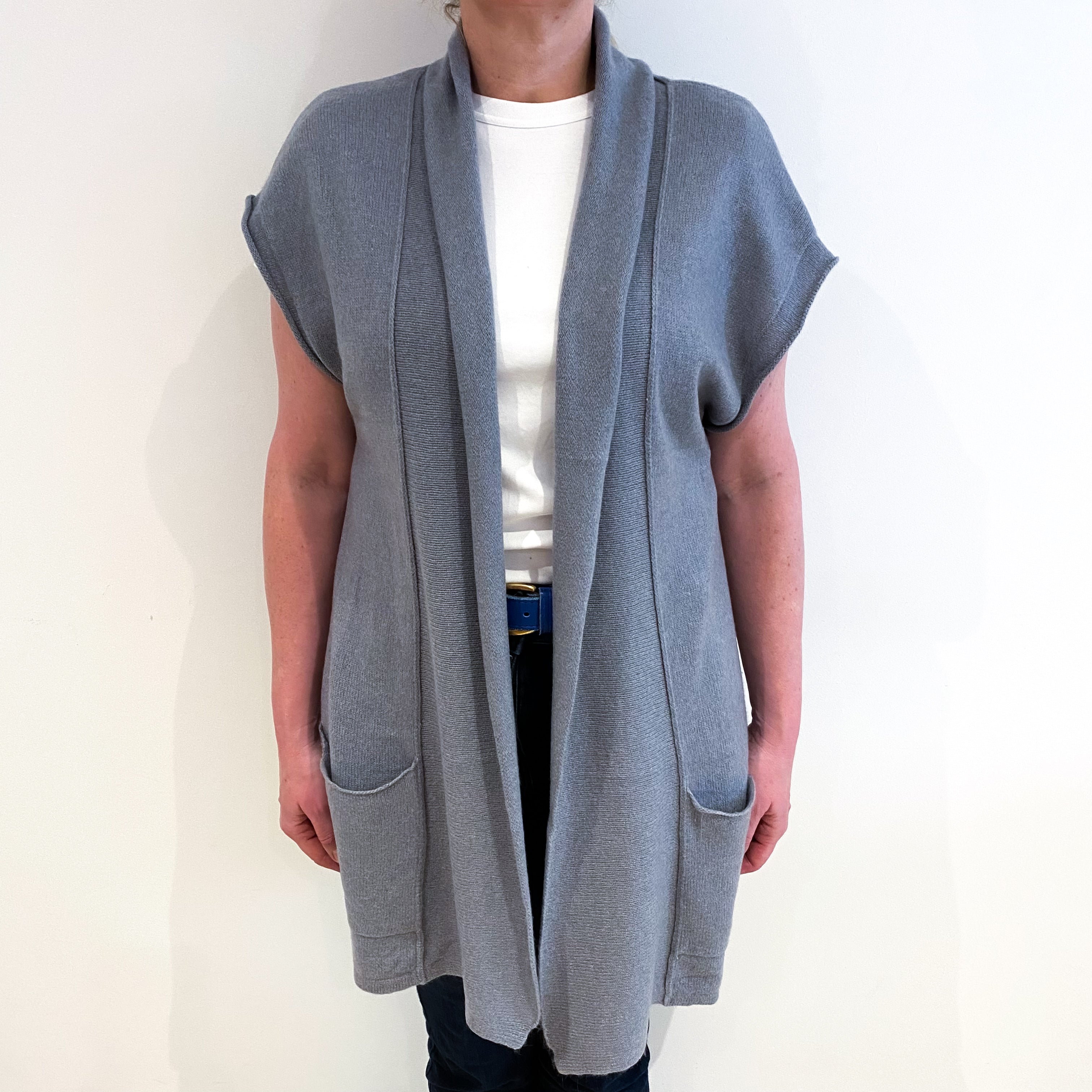 Poetry Dove Grey Cashmere Edge To Edge Sleeveless Cardigan Large
