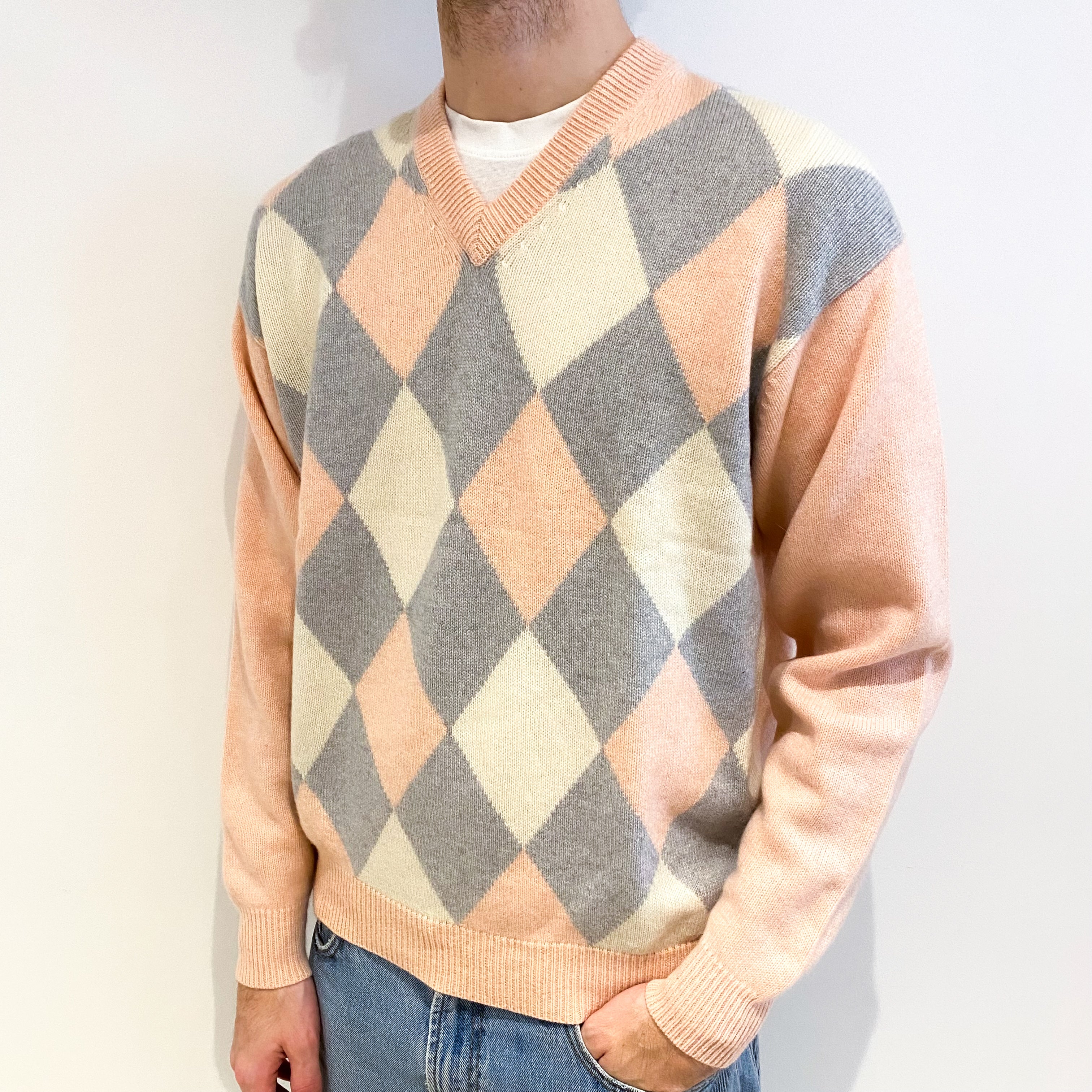 Men's Peach and Grey Diamond Cashmere V Neck Jumper Large