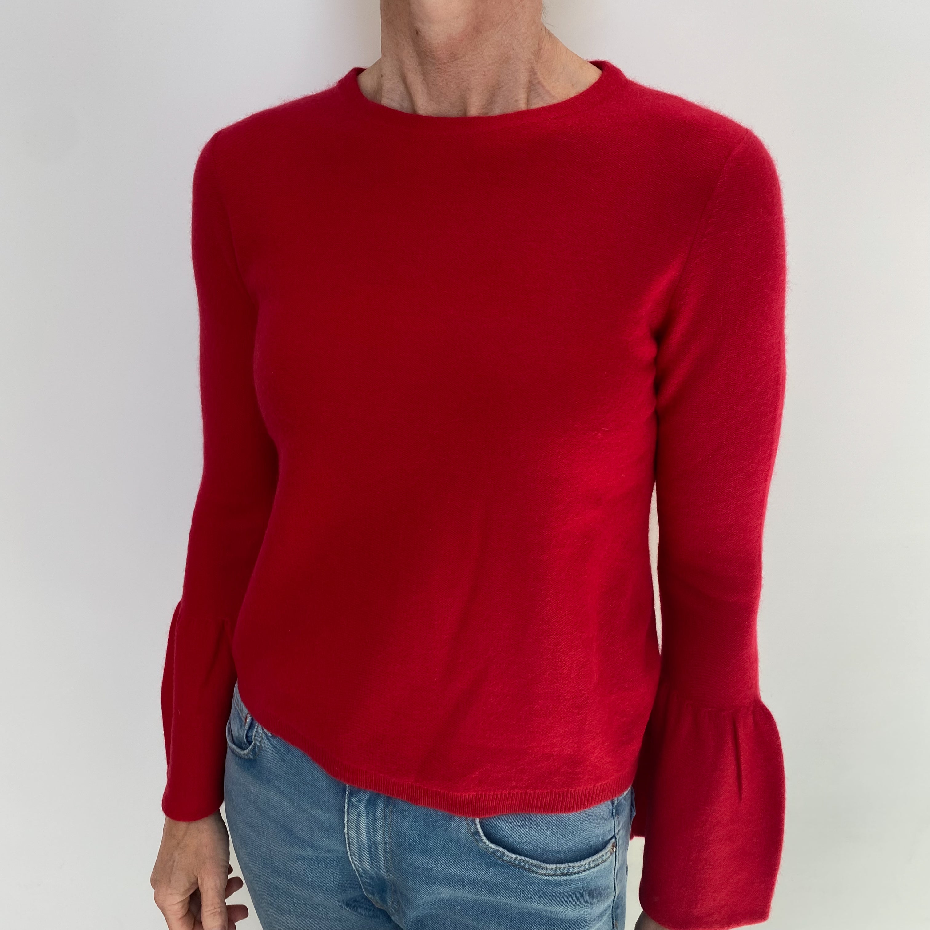 Scarlet Red Cashmere Bell Cuff Crew Neck Jumper Small