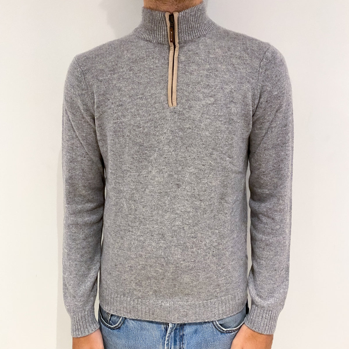Men's Smoke Grey Cashmere 1/4 Zip Jumper Large