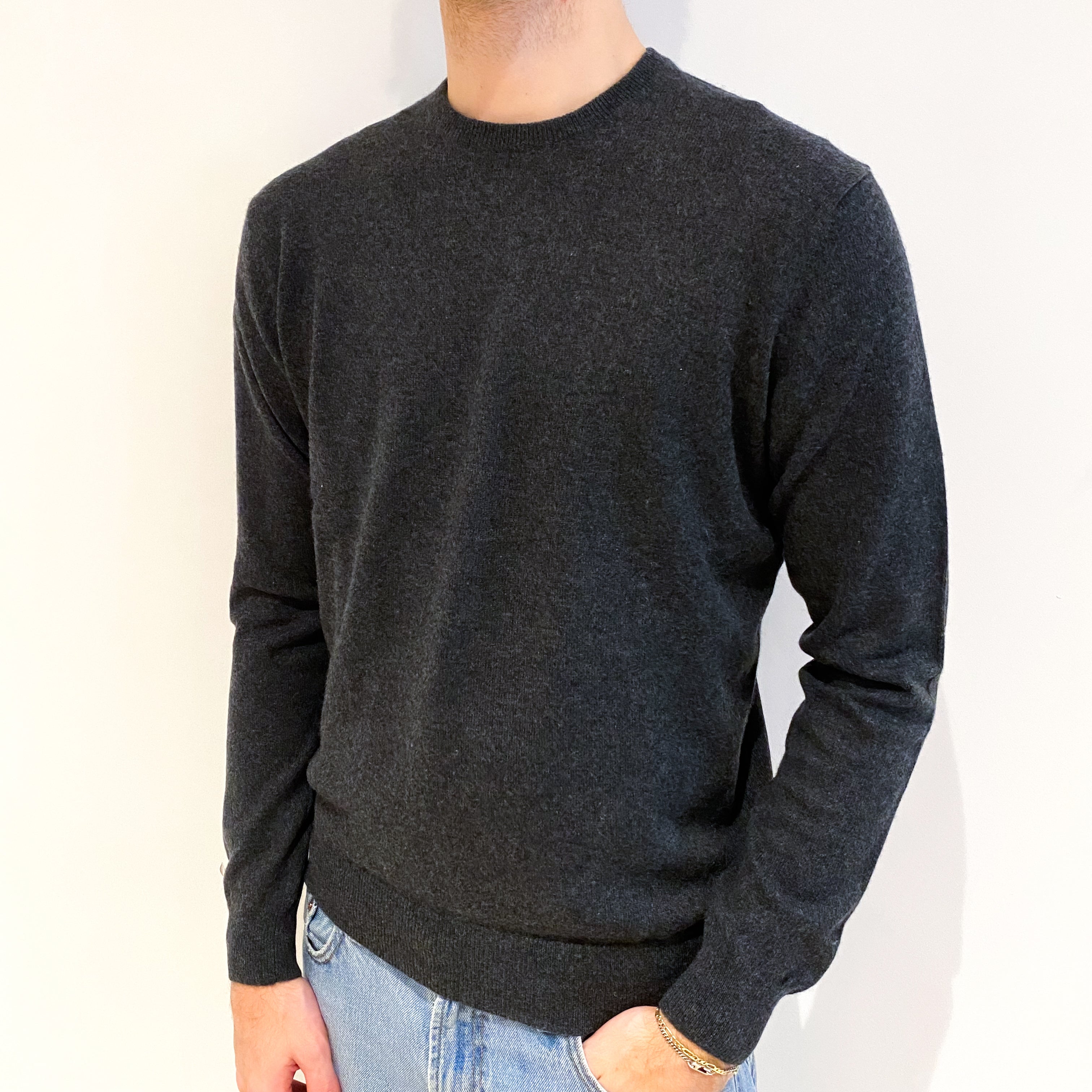 Men's Charcoal Grey Cashmere Crew Neck Jumper Large